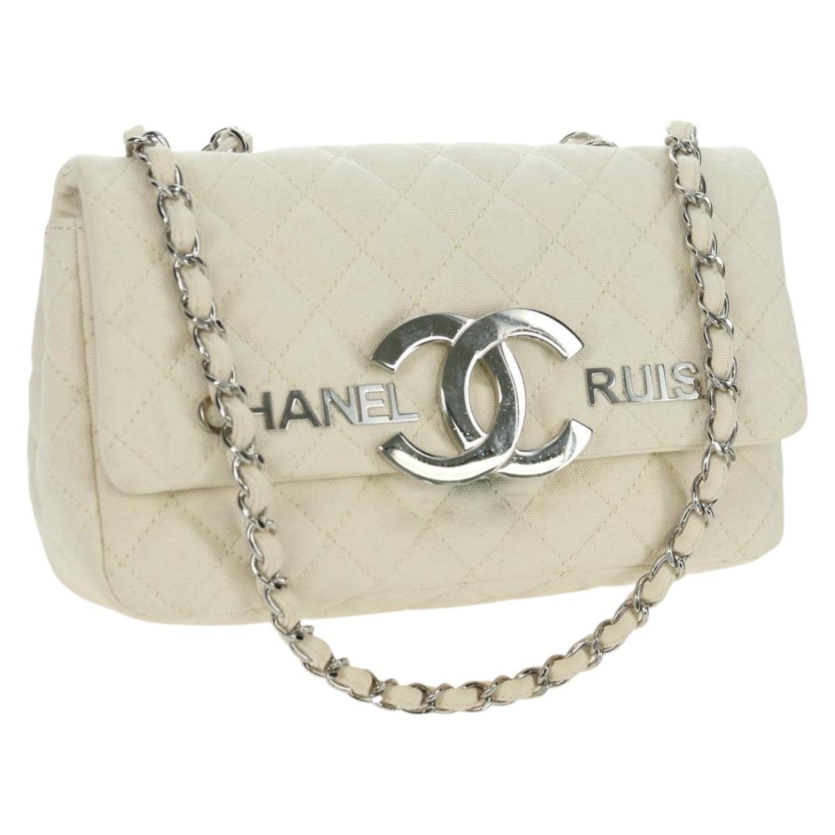CHANEL Matelasse Chain Shoulder Bag Canvas White Silver CC Auth 121513