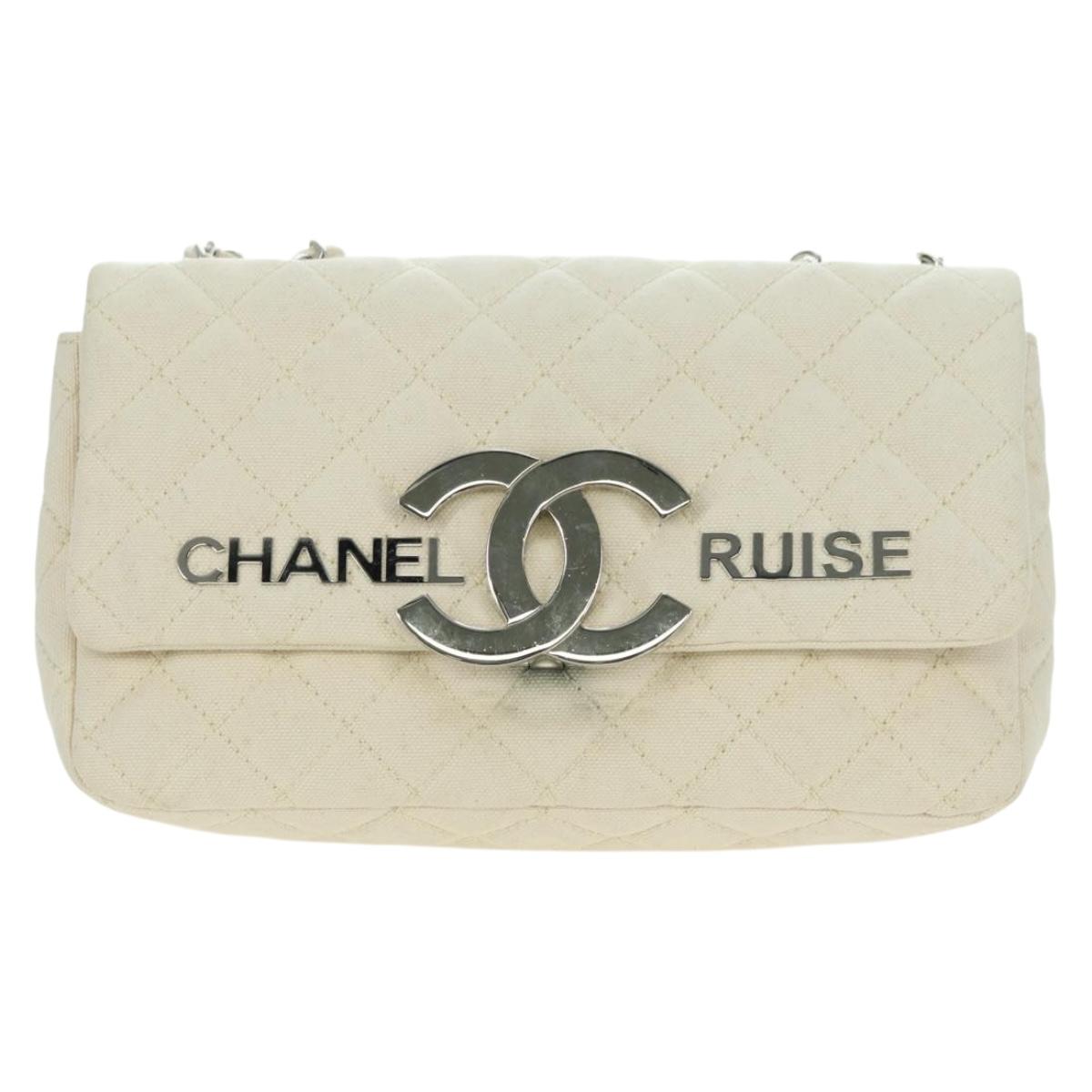 CHANEL Matelasse Chain Shoulder Bag Canvas White Silver CC Auth 121513