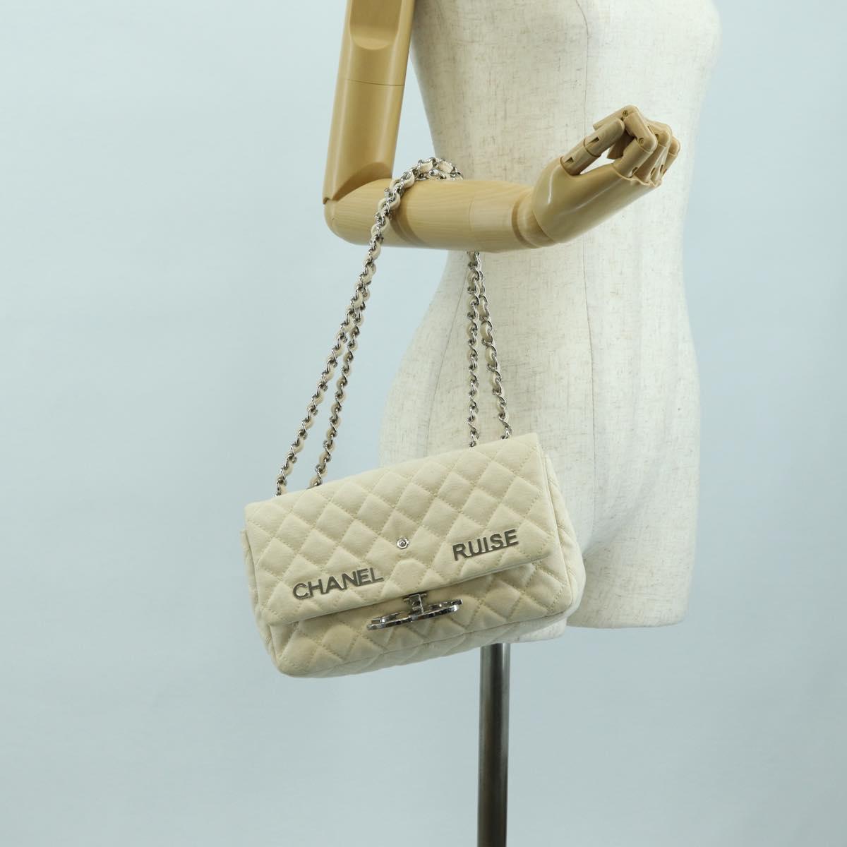 CHANEL Matelasse Chain Shoulder Bag Canvas White Silver CC Auth 121513