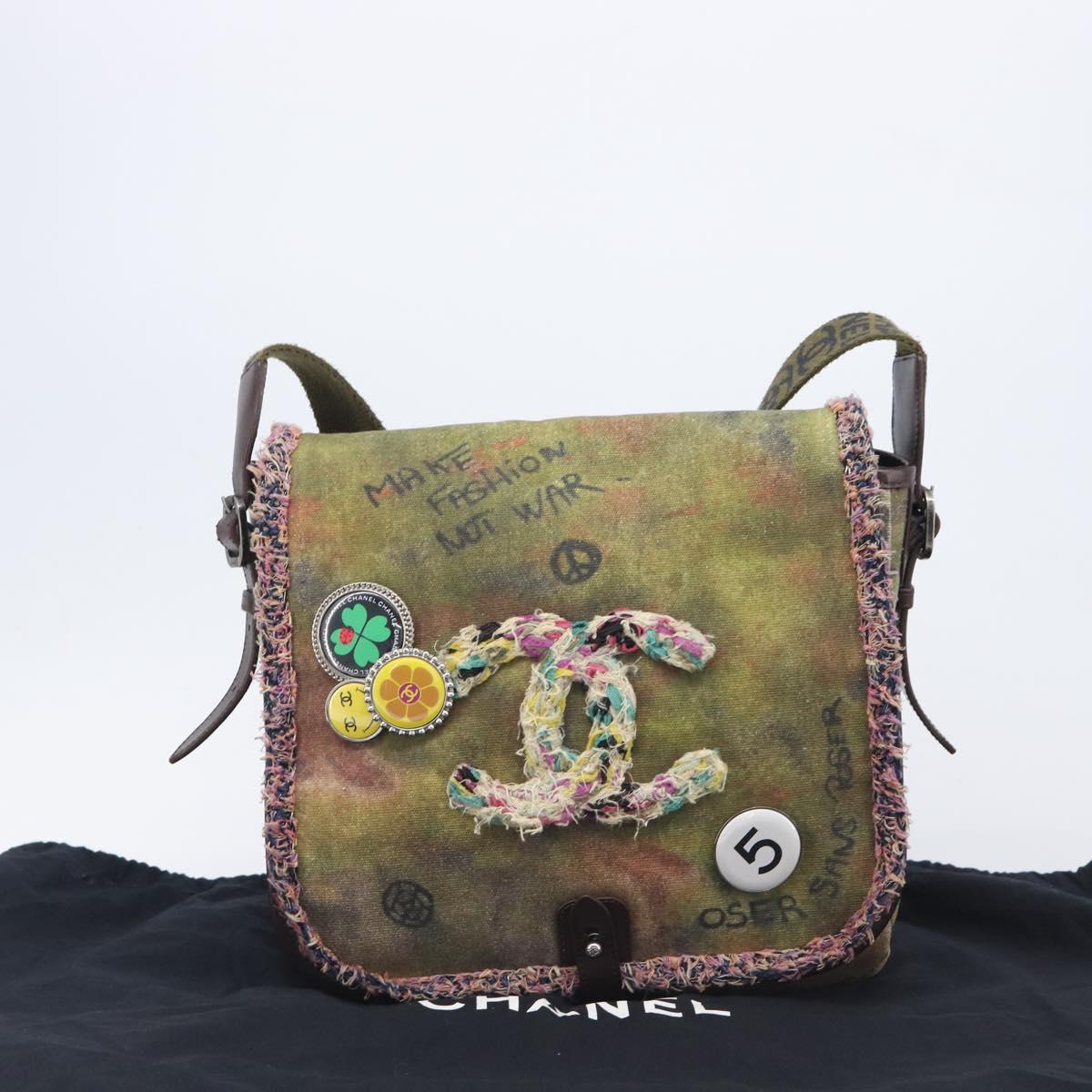CHANEL Embroidery Graffiti Messenger bag Canvas Khaki Silver CC Auth 121518SM