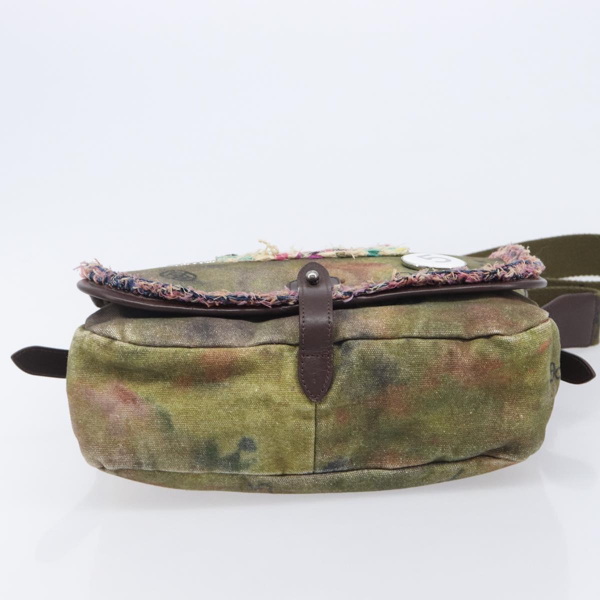 CHANEL Embroidery Graffiti Messenger bag Canvas Khaki Silver CC Auth 121518SM