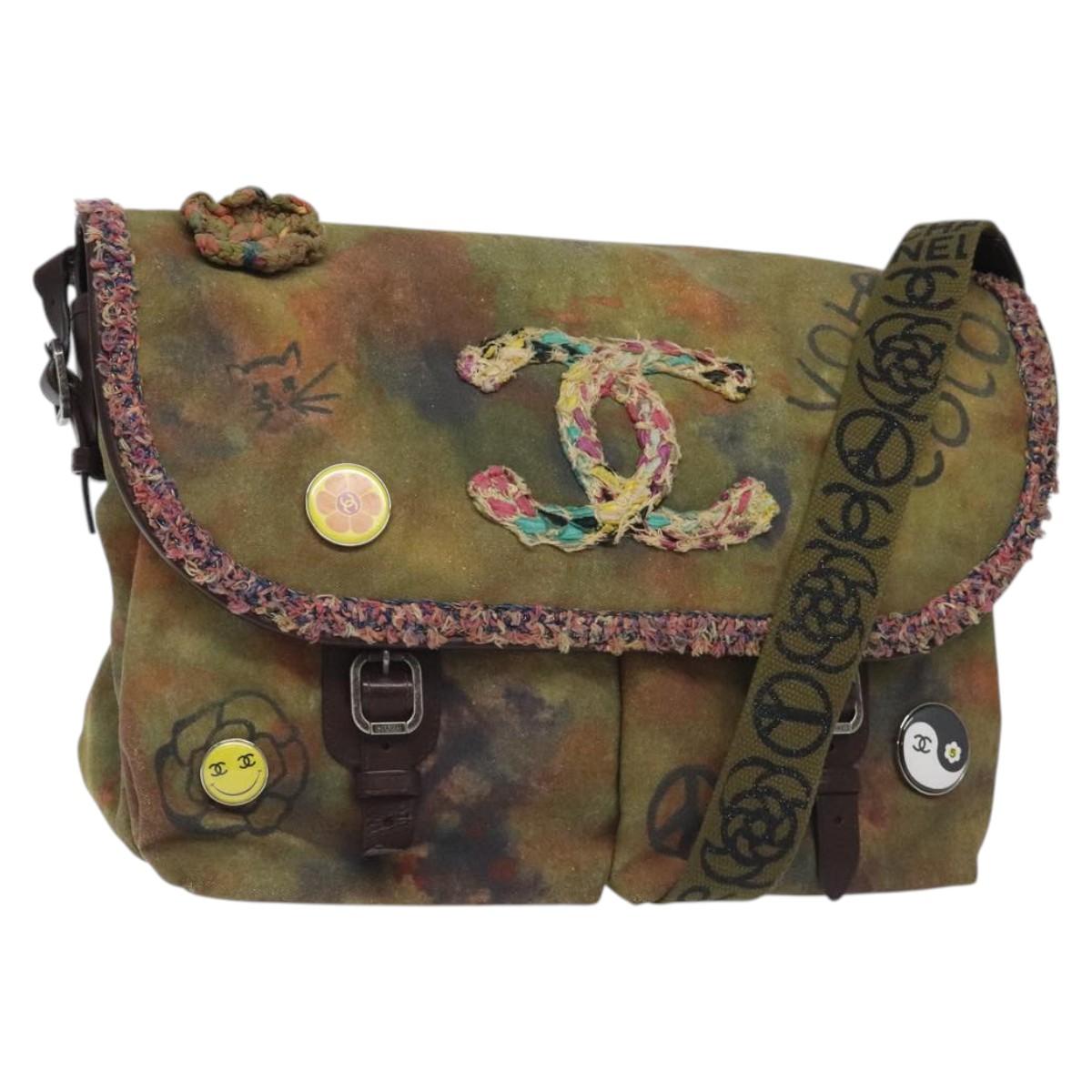 CHANEL Embroidery Graffiti Shoulder Bag Canvas Leather Khaki CC Auth 121519SV