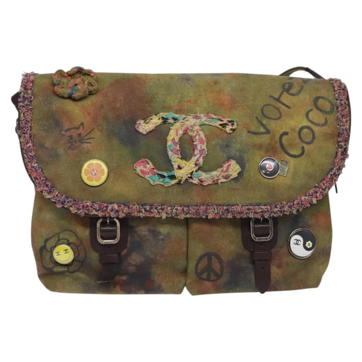 CHANEL Embroidery Graffiti Shoulder Bag Canvas Leather Khaki CC Auth 121519SV