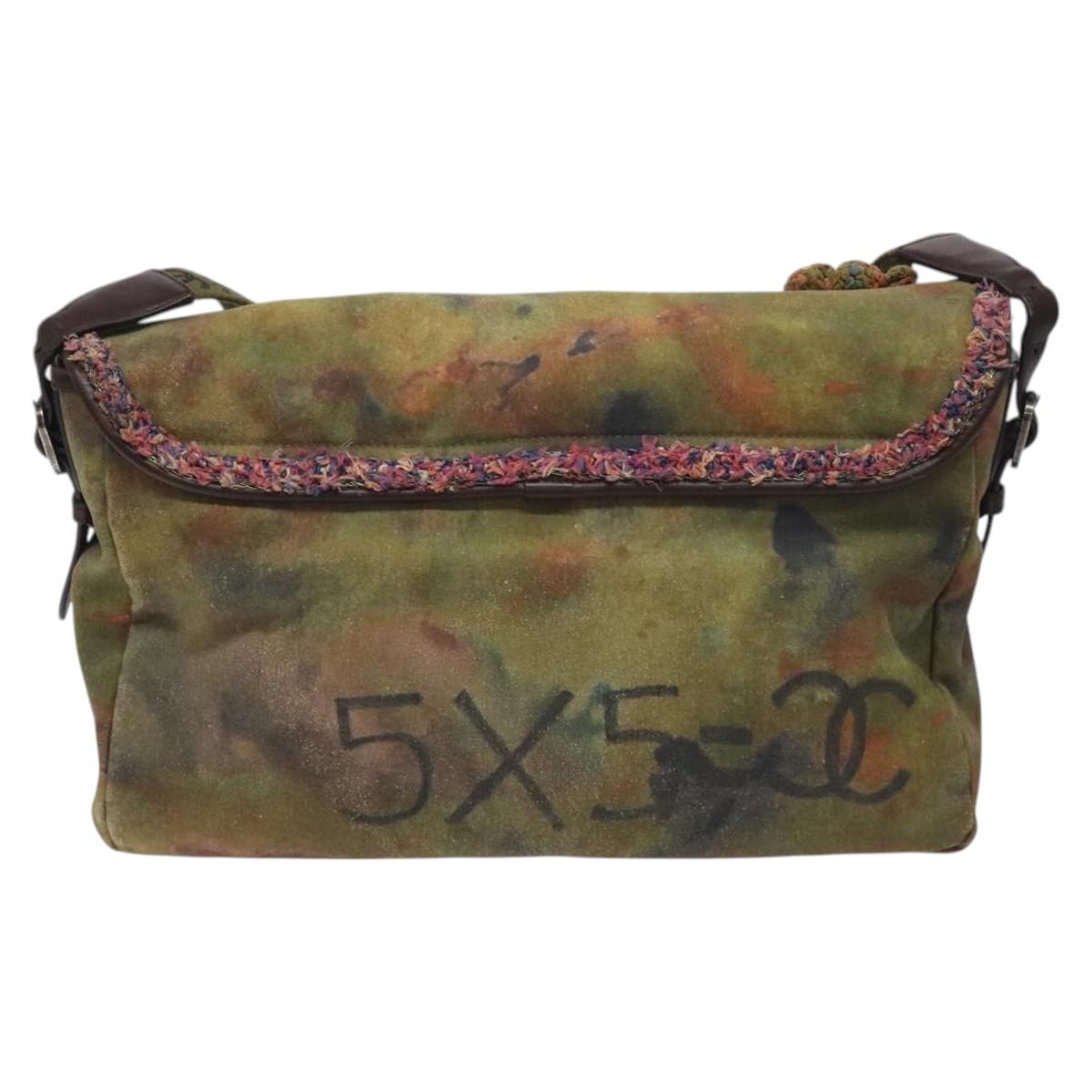 CHANEL Embroidery Graffiti Shoulder Bag Canvas Leather Khaki CC Auth 121519SV