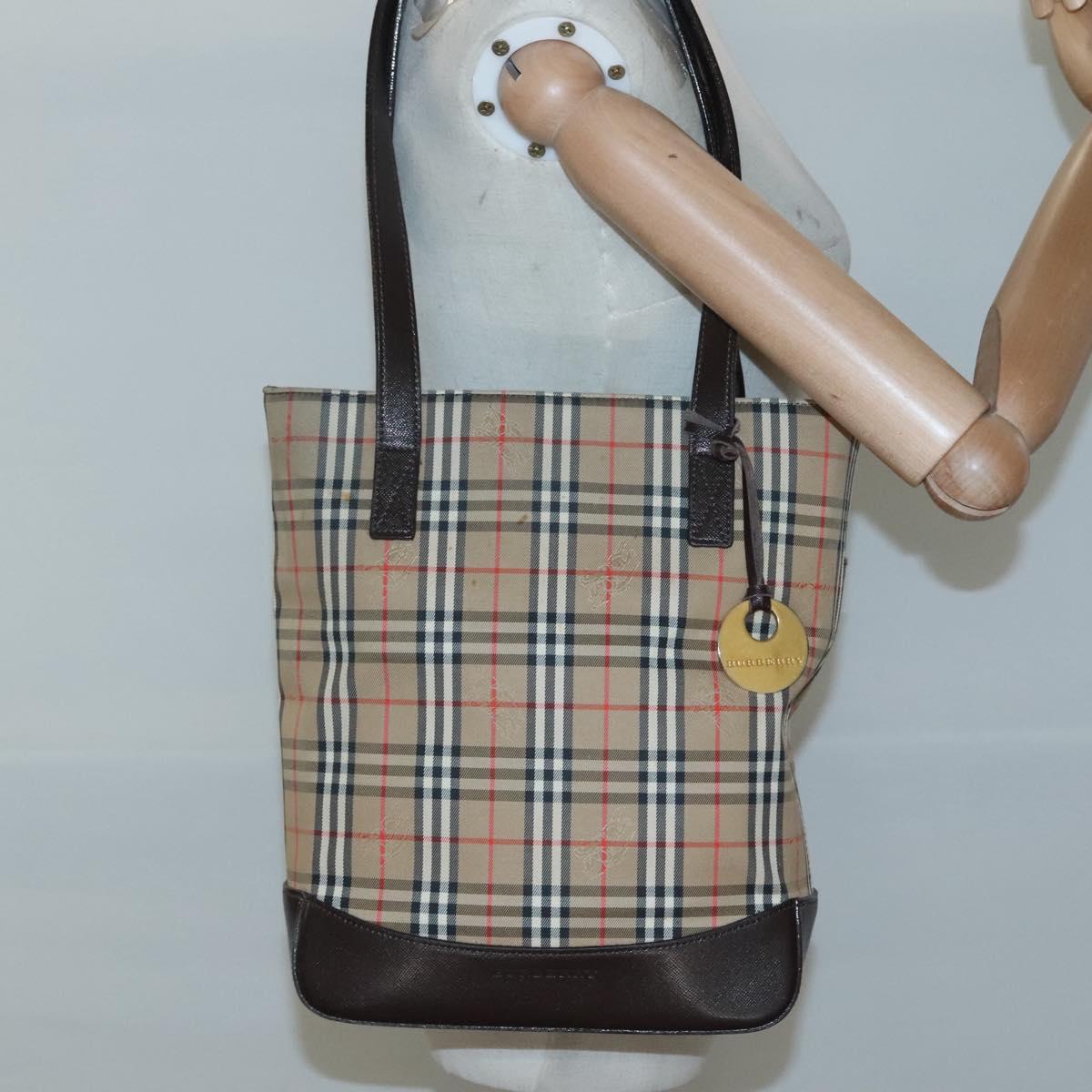 BURBERRY Nova Check Tote Bag Canvas Beige Gold Auth 121552