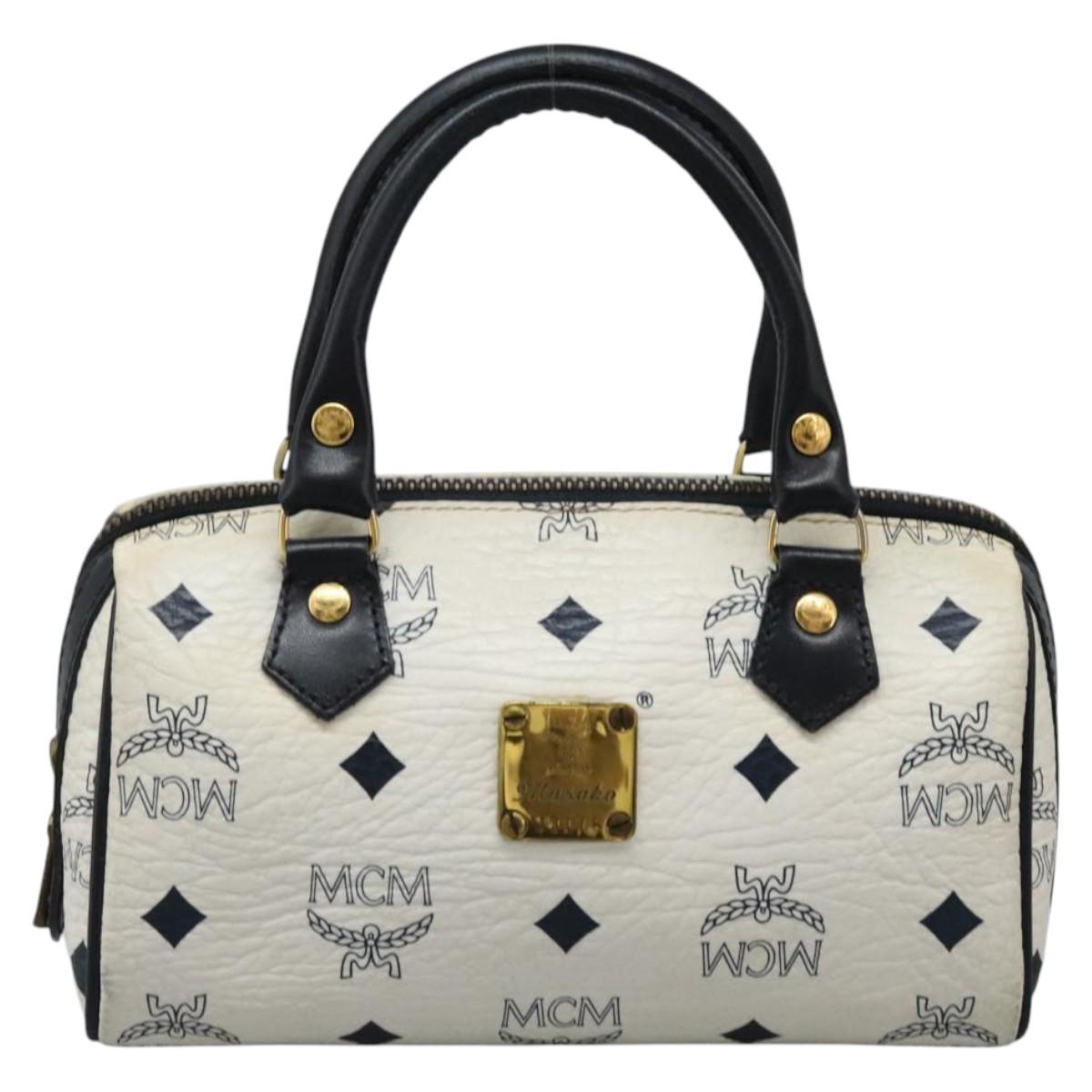 MCM Logogram Vicetos Hand Bag PVC Leather 2way White Gold Auth 121553