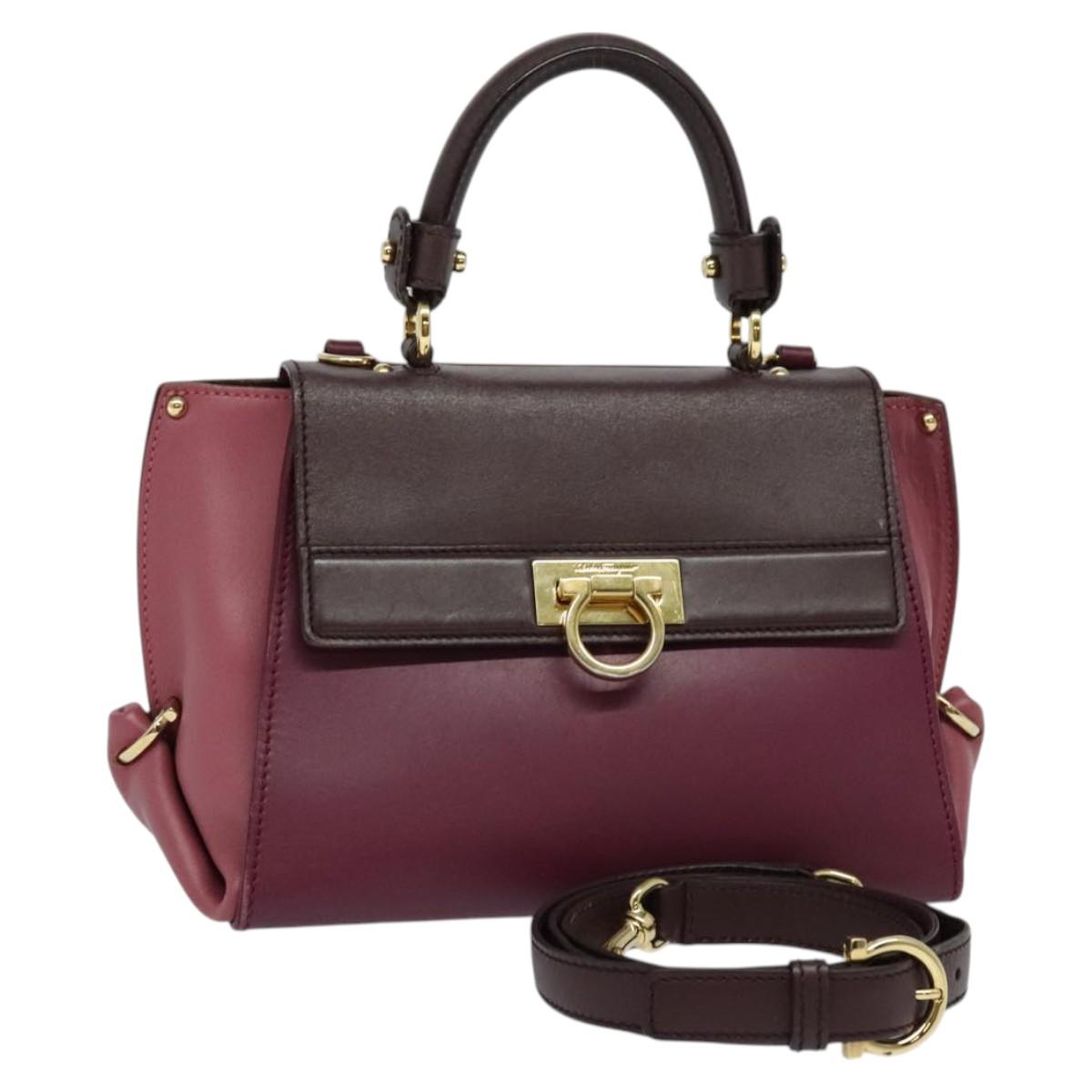 Salvatore Ferragamo Gancini Hand Bag Leather 2way Purple Gold Auth 121556