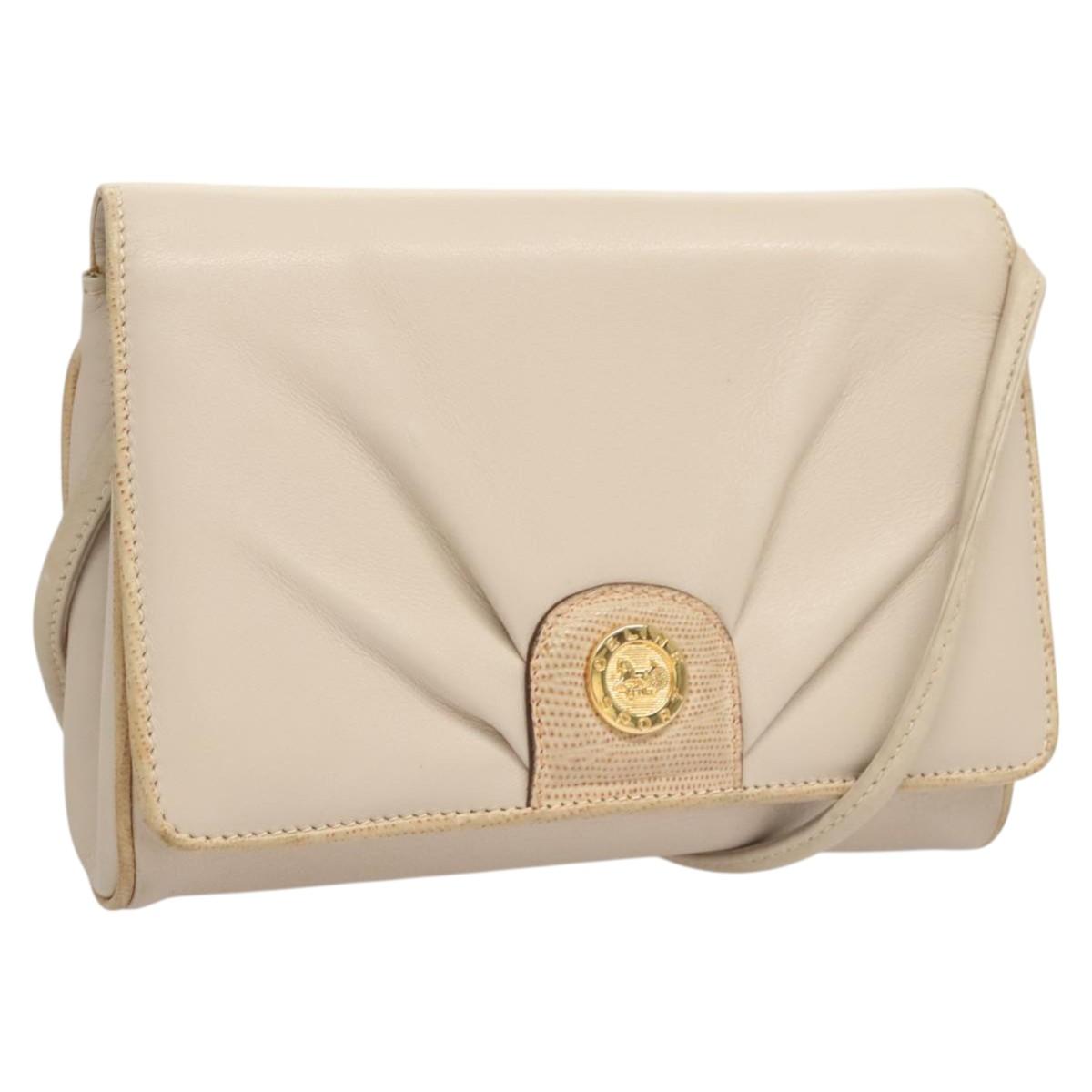 CELINE Shoulder Bag Leather Beige Gold Auth 121591