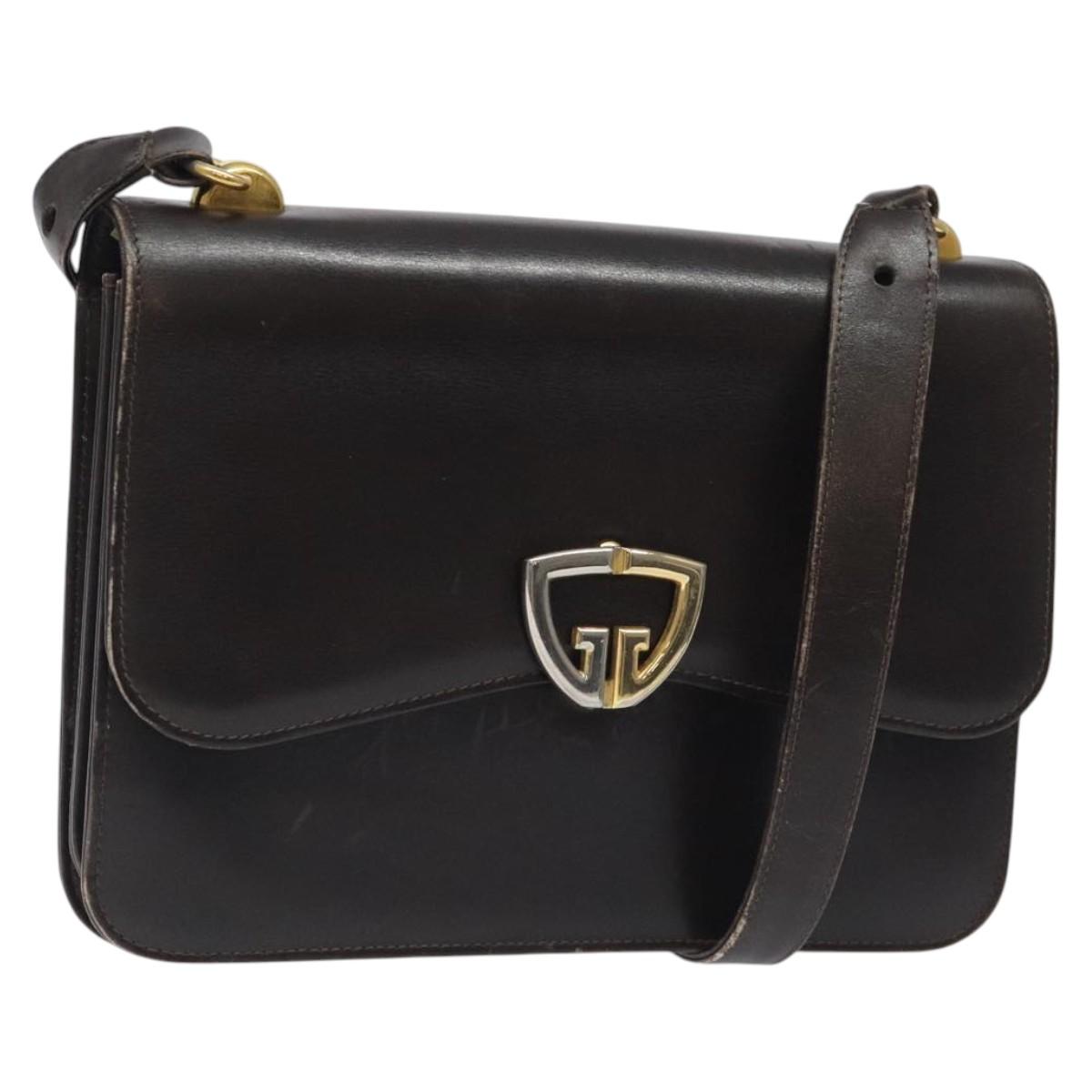 GUCCI Shoulder Bag Leather Brown Gold Auth 121613