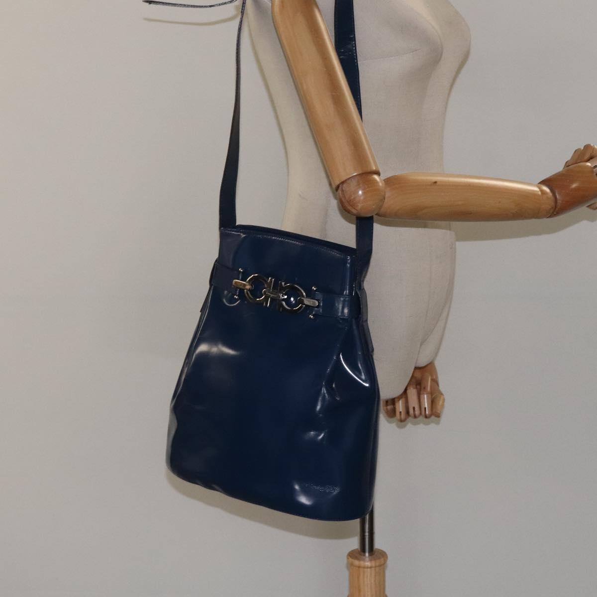 Salvatore Ferragamo Shoulder Bag Patent leather Blue Silver Auth 121614