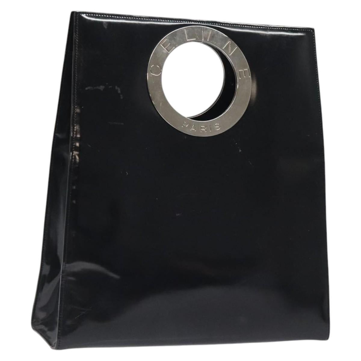 CELINE Hand Bag Enamel Black Silver Auth 121615