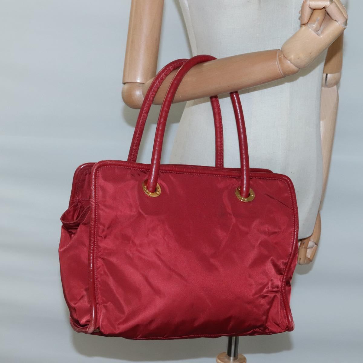 CELINE Hand Bag Nylon Red Gold Auth 121616