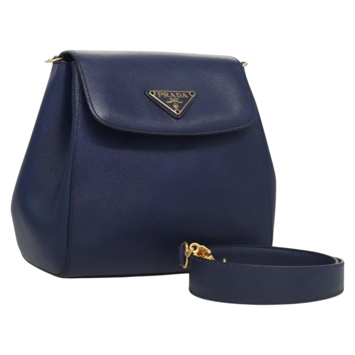 PRADA Shoulder Bag Safiano Leather Blue Gold Auth 121634