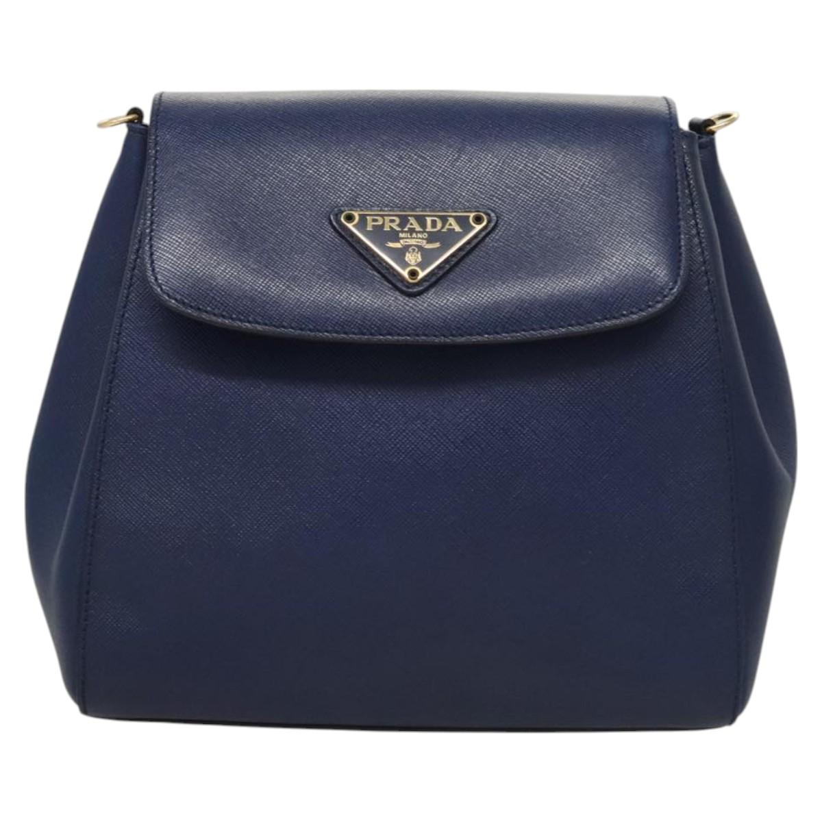 PRADA Shoulder Bag Safiano Leather Blue Gold Auth 121634