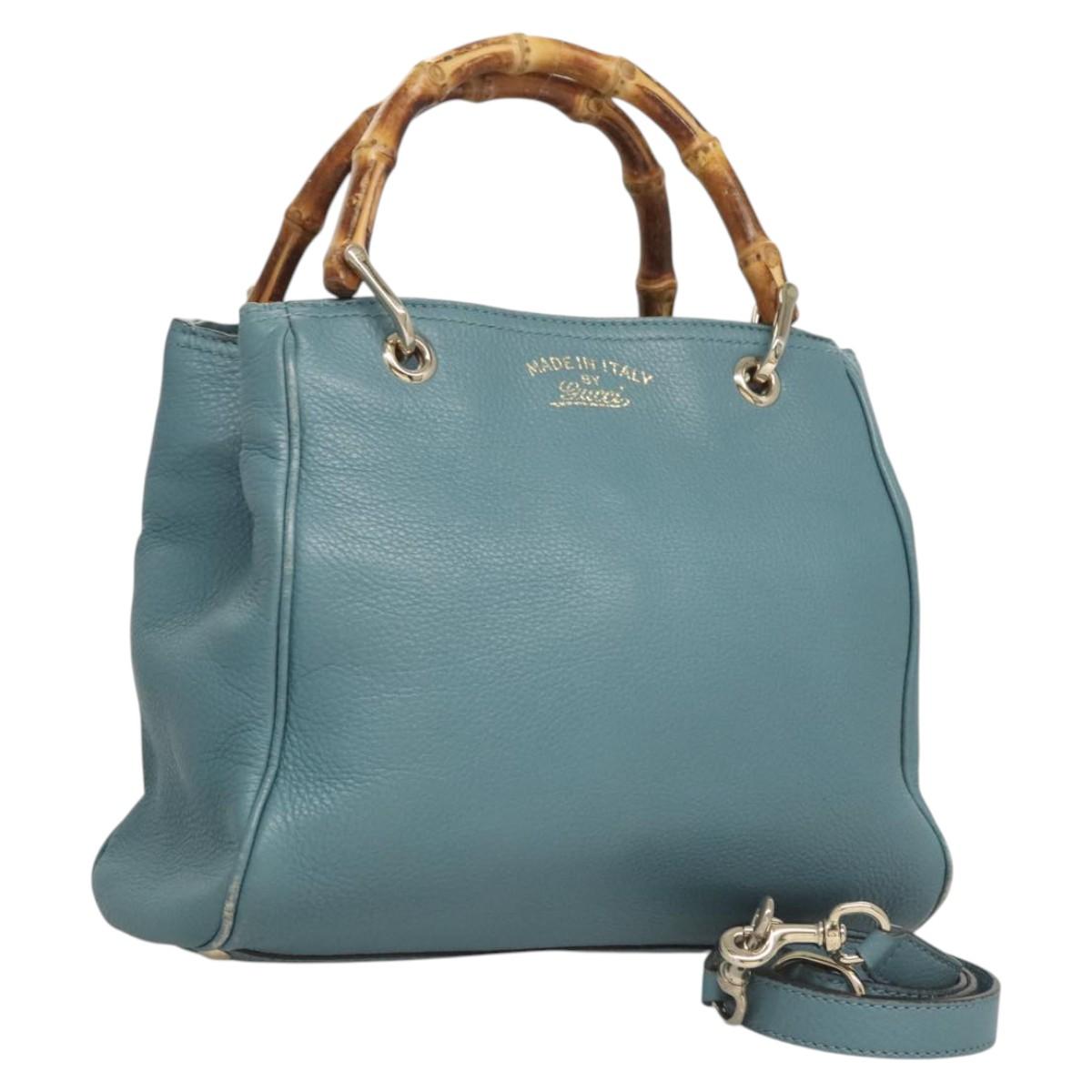 GUCCI Bamboo Hand Bag Leather 2way Blue Silver 336032 Auth 121645
