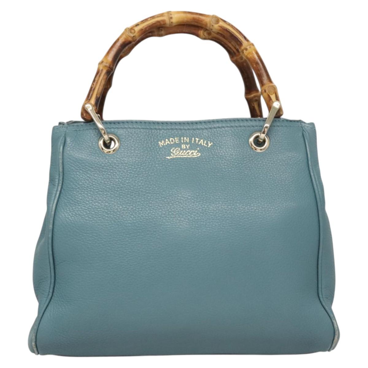 GUCCI Bamboo Hand Bag Leather 2way Blue Silver 336032 Auth 121645
