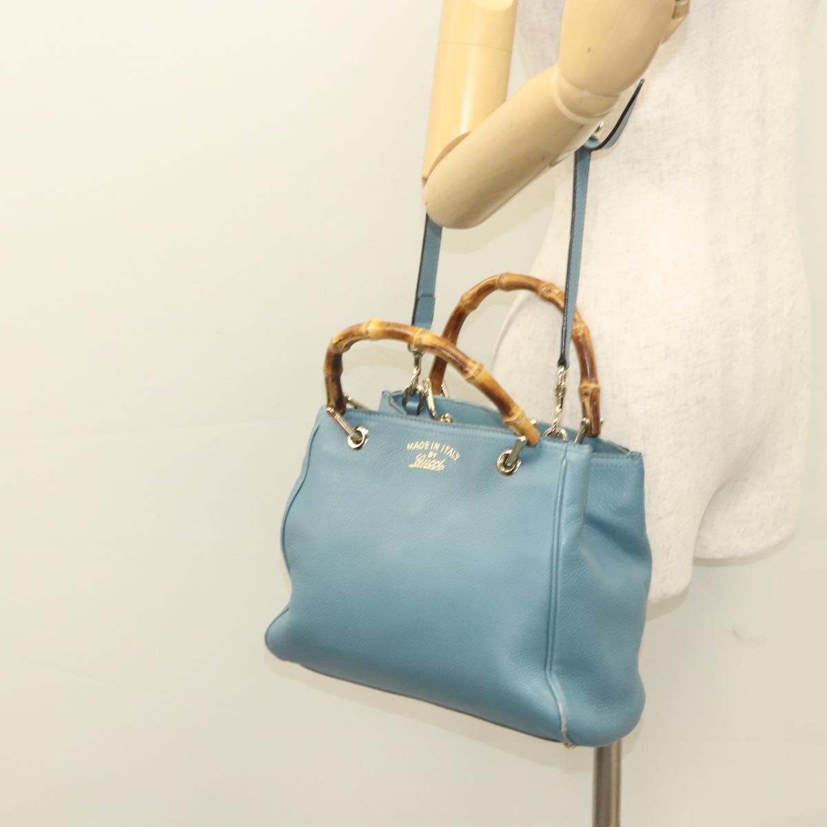 GUCCI Bamboo Hand Bag Leather 2way Blue Silver 336032 Auth 121645