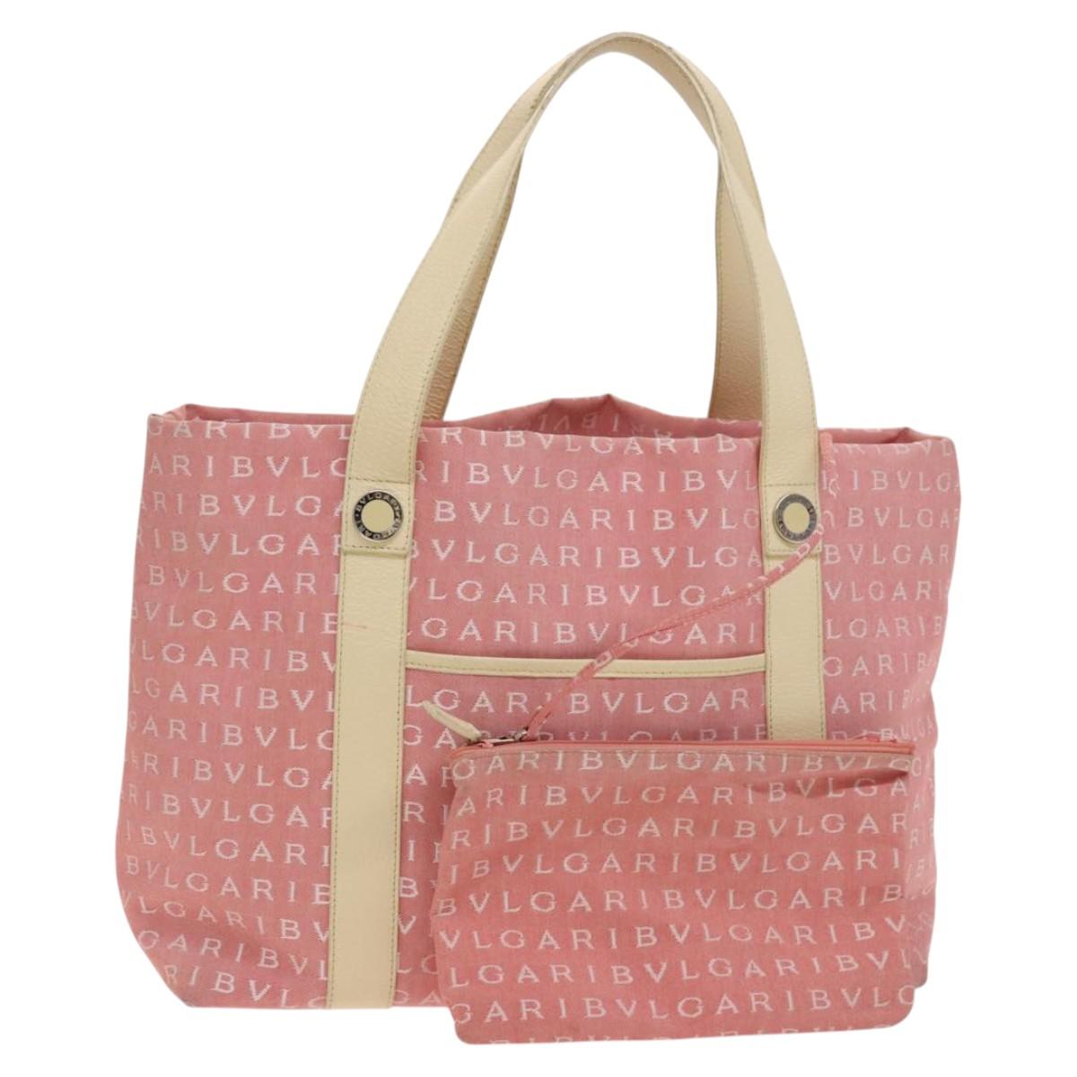 BVLGARI Logo Mania Tote Bag Canvas Pink Silver Auth 121657