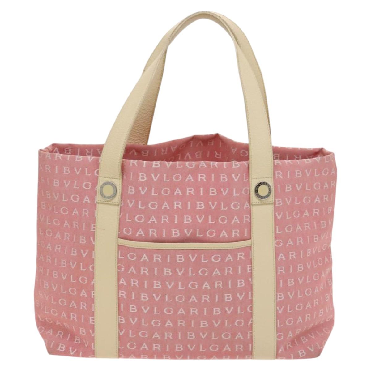 BVLGARI Logo Mania Tote Bag Canvas Pink Silver Auth 121657
