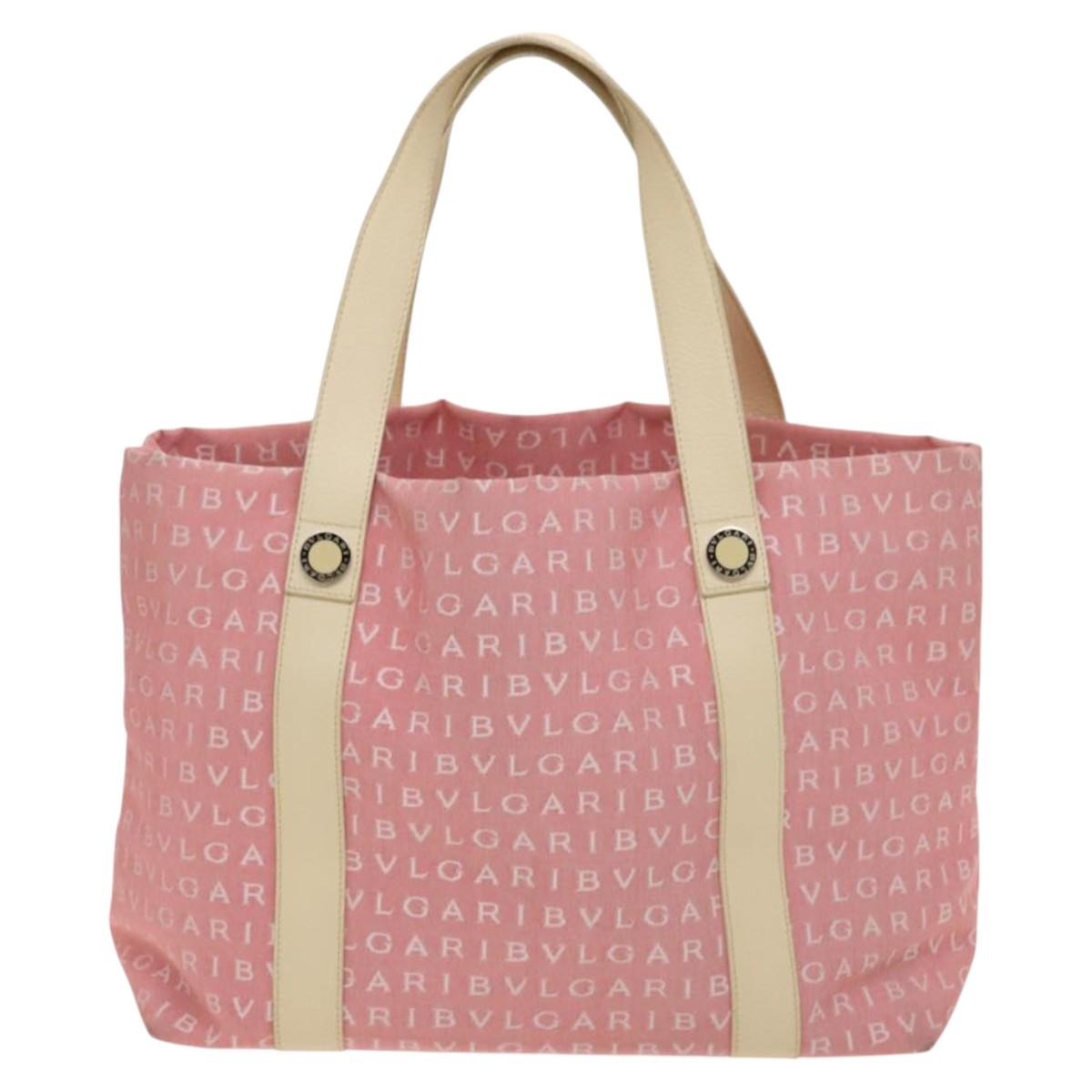 BVLGARI Logo Mania Tote Bag Canvas Pink Silver Auth 121657