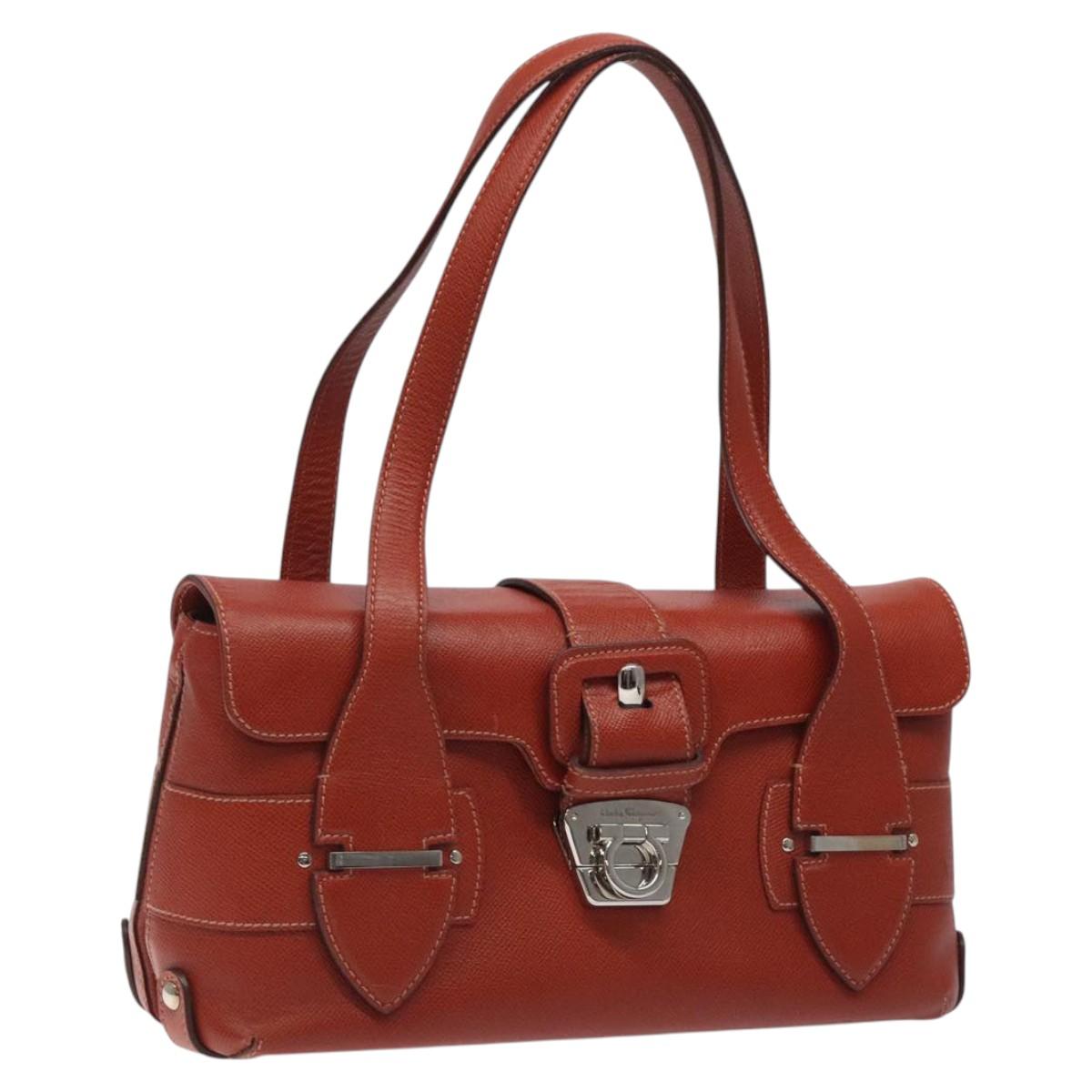 Salvatore Ferragamo Gancini Shoulder Bag Leather Orange Silver Auth 121671