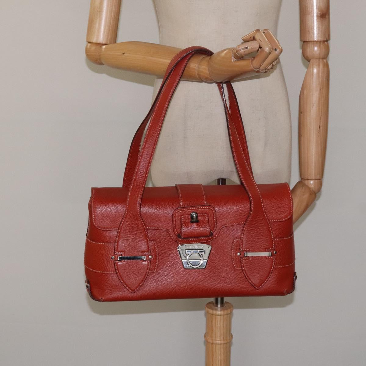 Salvatore Ferragamo Gancini Shoulder Bag Leather Orange Silver Auth 121671