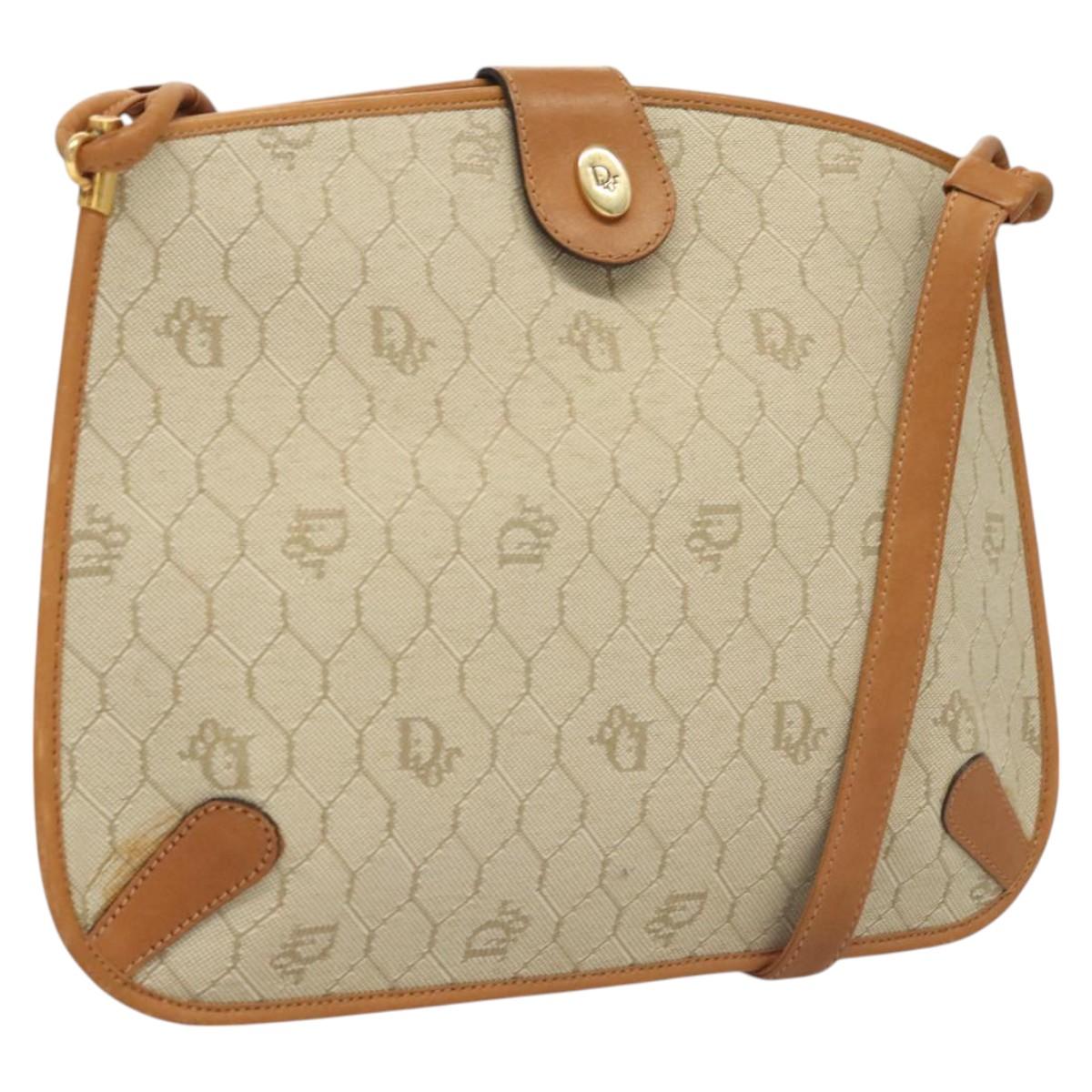 Christian Dior Honeycomb Canvas Shoulder Bag Beige Gold Auth 121690