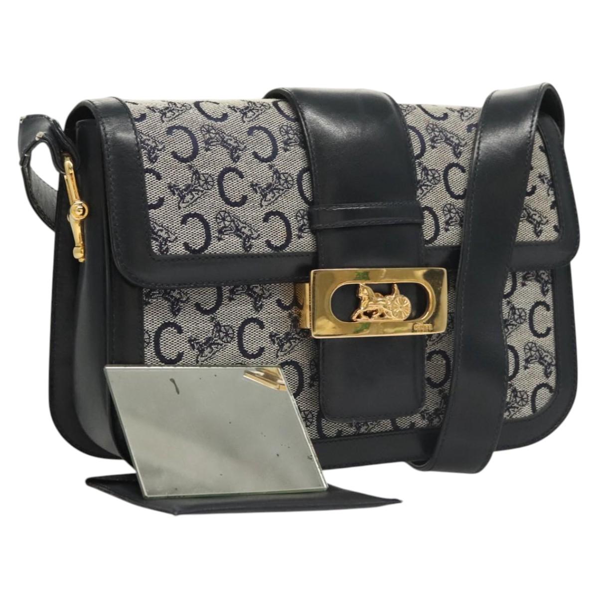 CELINE C Sulky Shoulder Bag Canvas Navy Gold Auth 121704