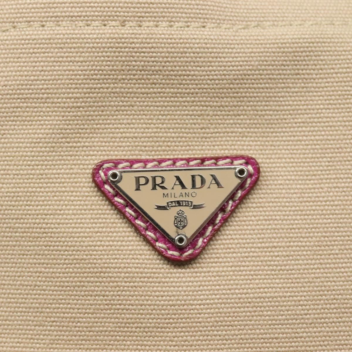 PRADA Tote Bag Canvas Leather Beige Silver Auth 121707