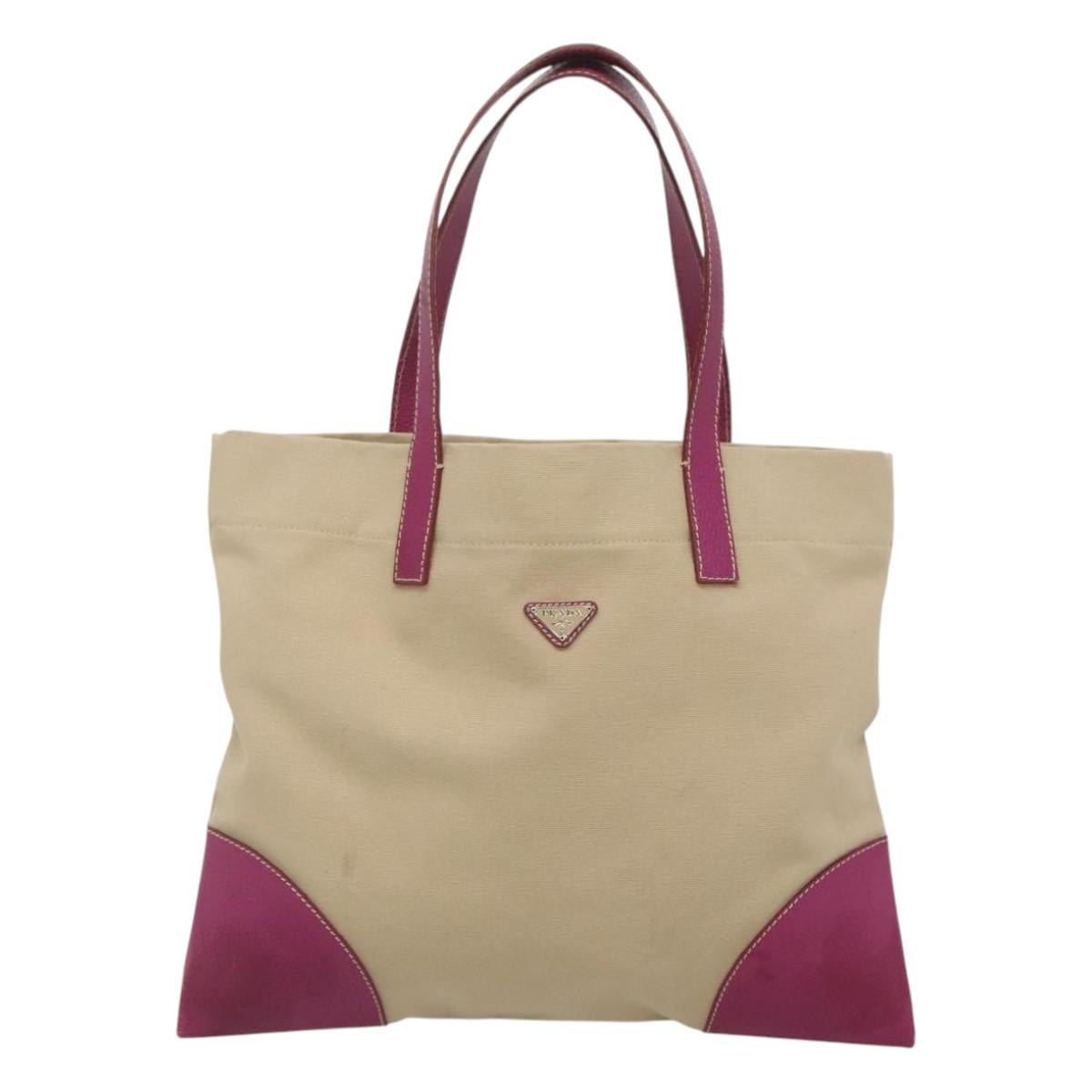 PRADA Tote Bag Canvas Leather Beige Silver Auth 121707