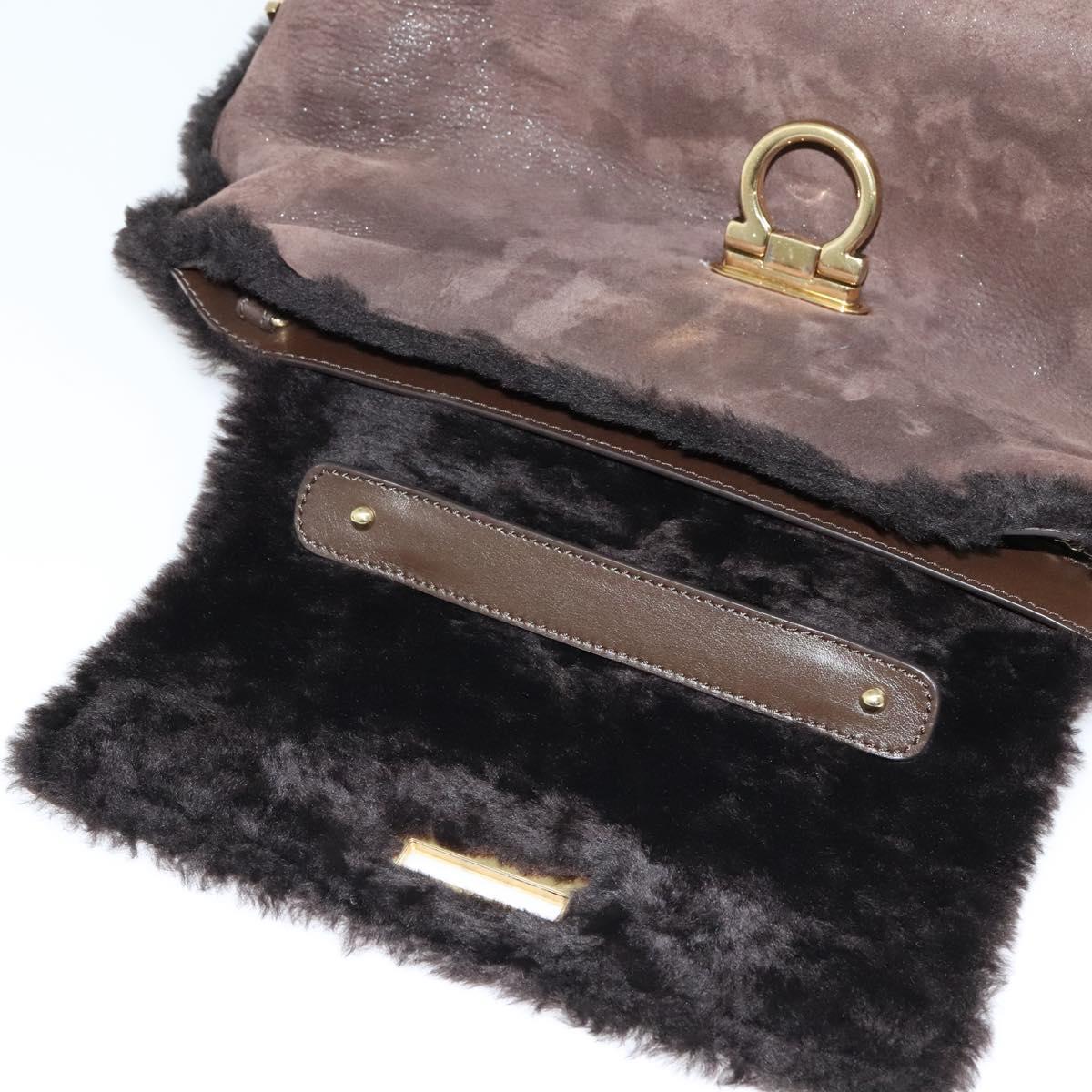 Salvatore Ferragamo Gancini Hand Bag Mouton 2way Brown Gold Auth 121725