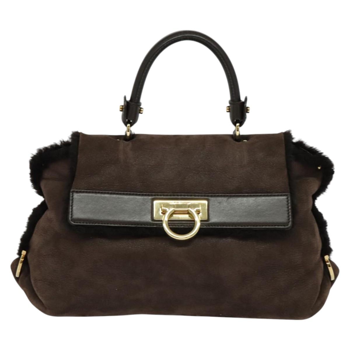 Salvatore Ferragamo Gancini Hand Bag Mouton 2way Brown Gold Auth 121725
