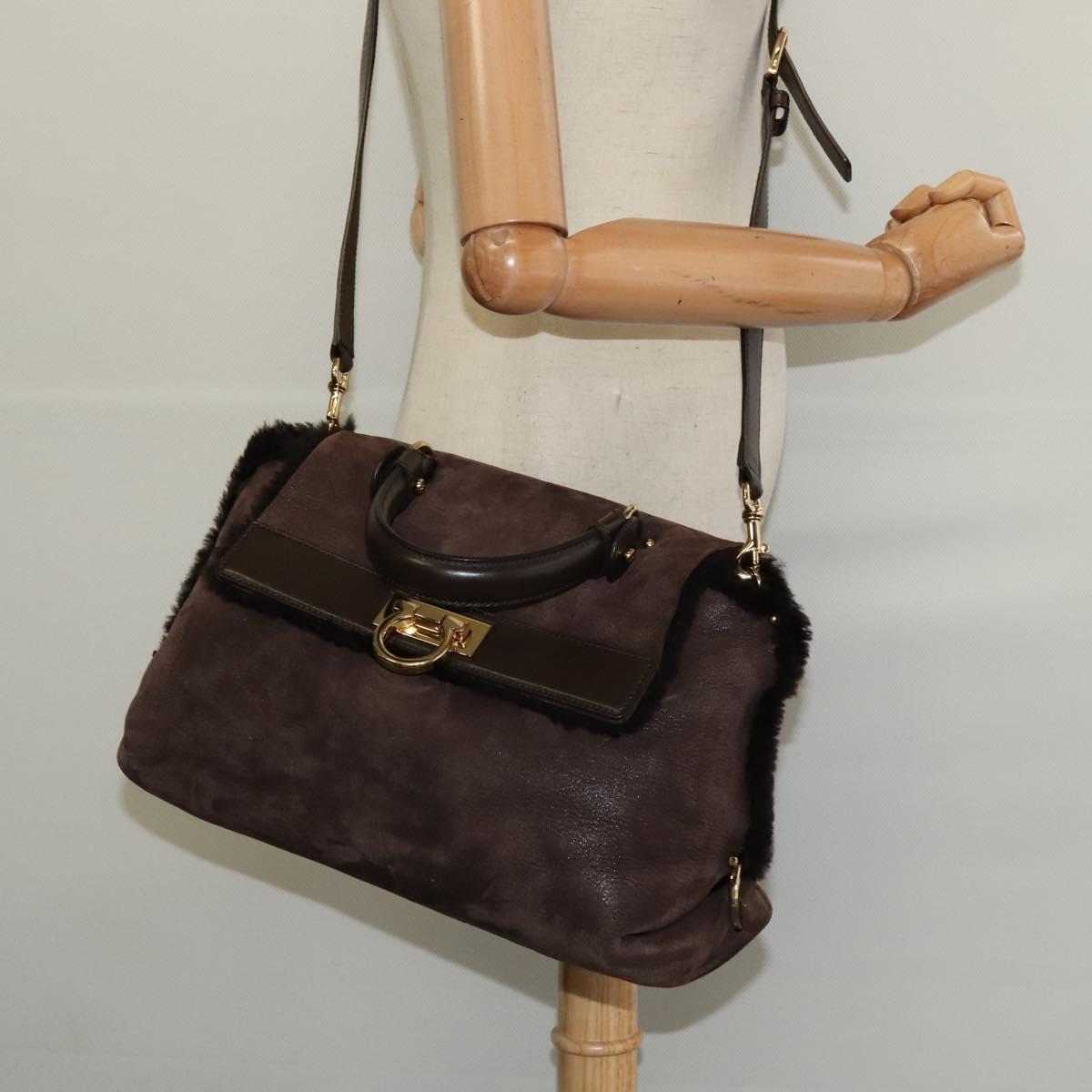 Salvatore Ferragamo Gancini Hand Bag Mouton 2way Brown Gold Auth 121725