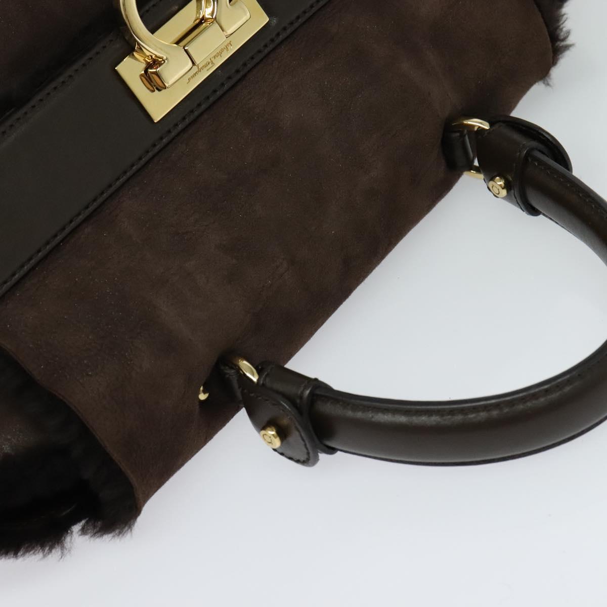 Salvatore Ferragamo Gancini Hand Bag Mouton 2way Brown Gold Auth 121725