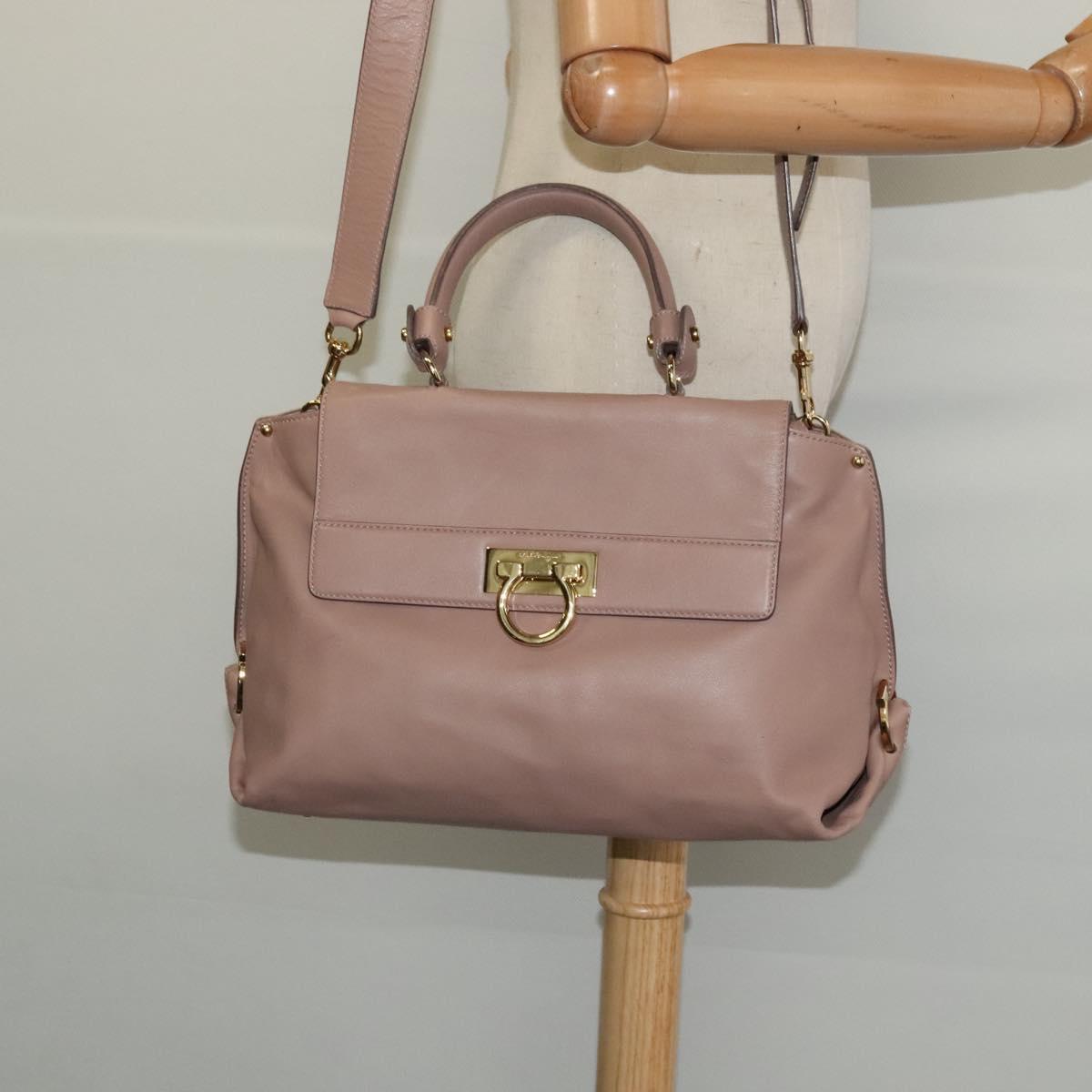 Salvatore Ferragamo Gancini Sofia Hand Bag Leather 2way Beige Gold Auth 121740