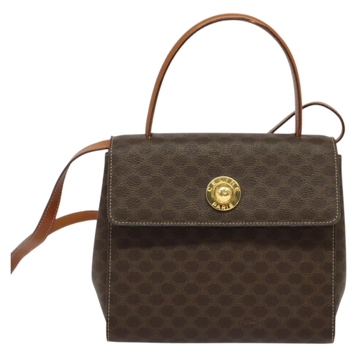 CELINE Macadam Canvas Hand Bag PVC Leather 2way Brown Gold Auth 121807