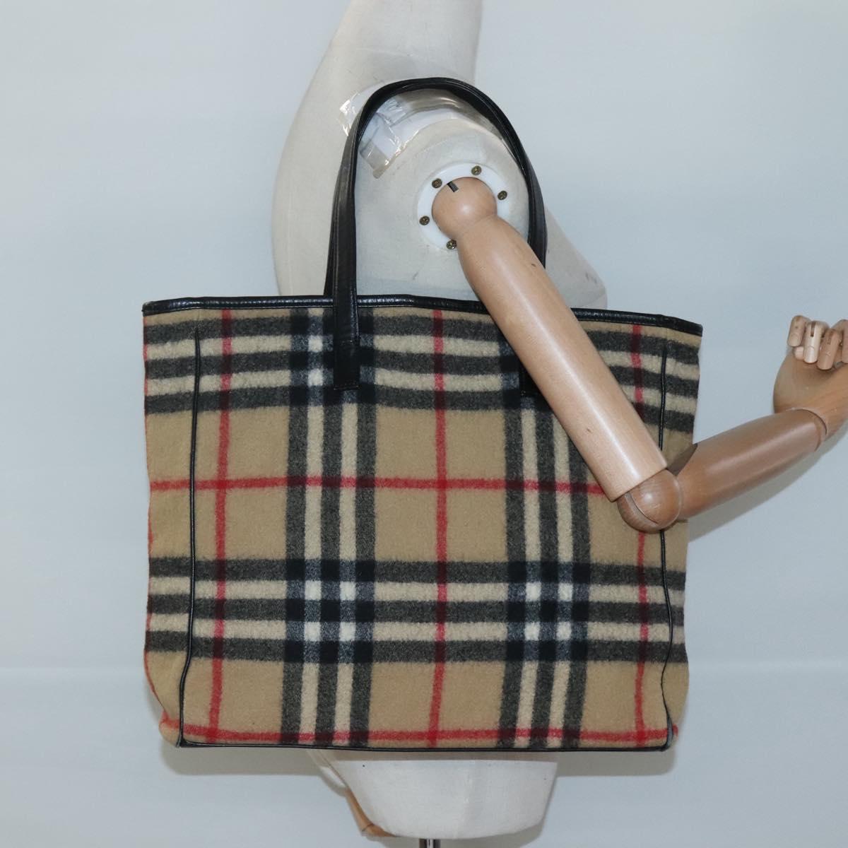 BURBERRY Nova Check Blue Label Tote Bag Wool Beige Silver Auth 121808