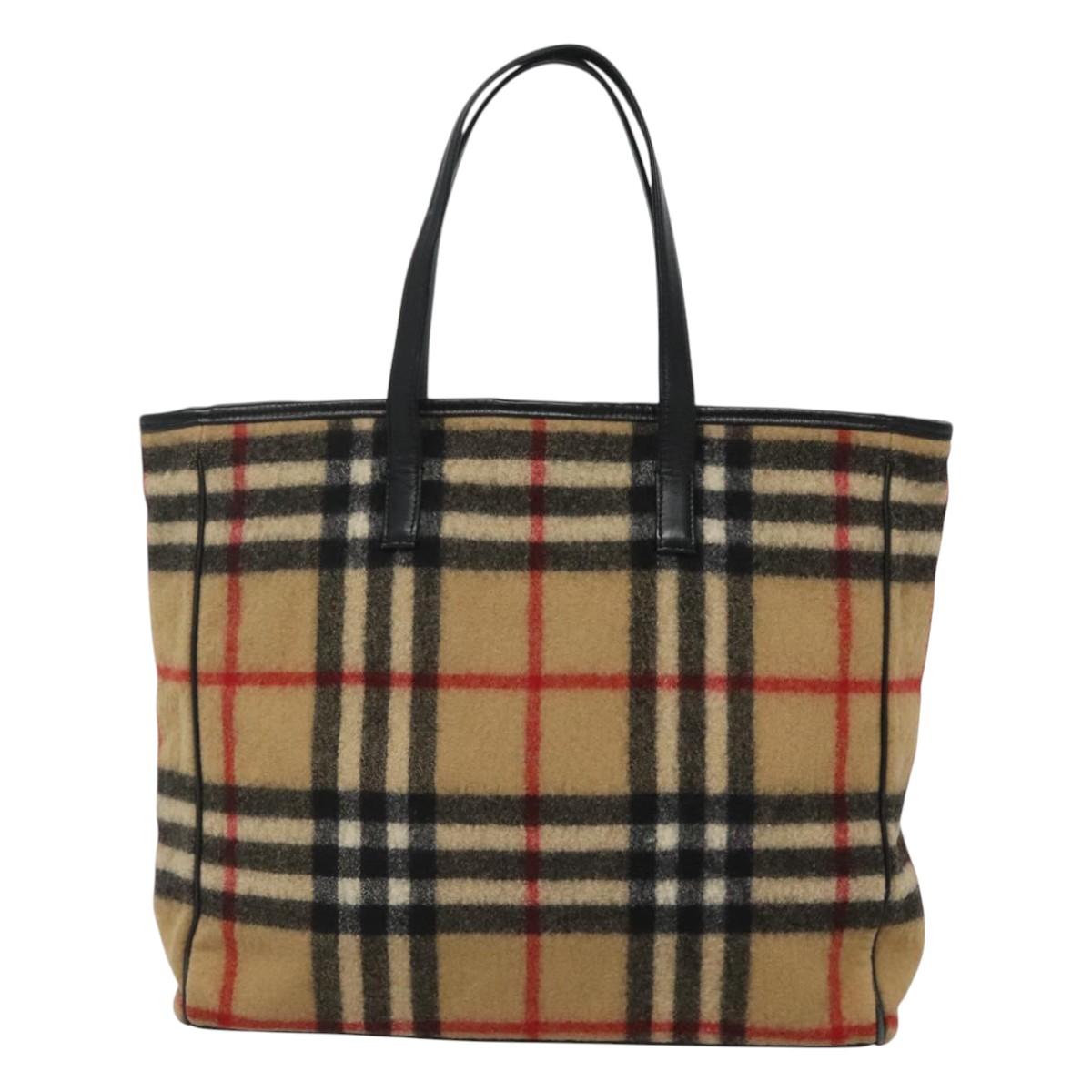 BURBERRY Nova Check Blue Label Tote Bag Wool Beige Silver Auth 121808