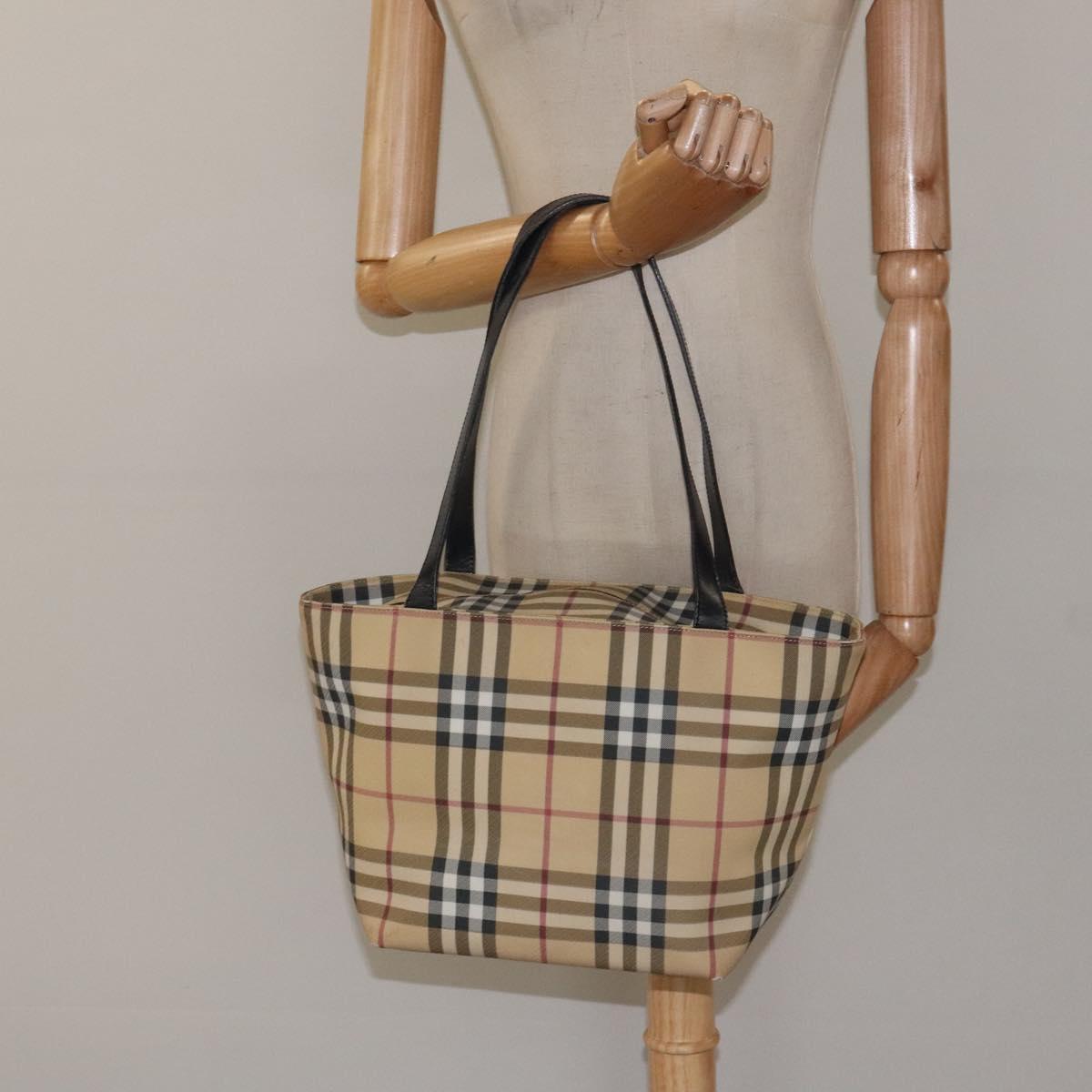 BURBERRY Nova Check Tote Bag PVC Beige Silver Auth 121809