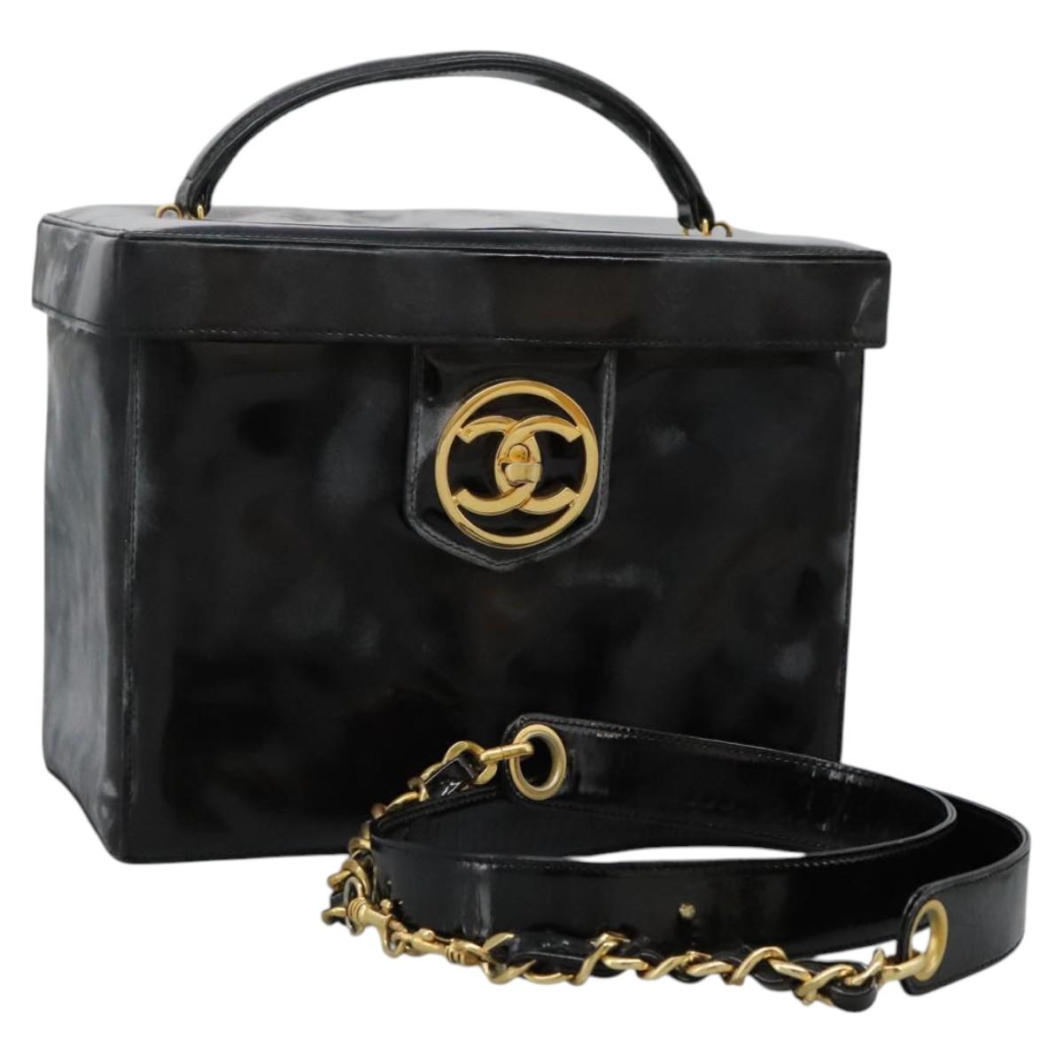 CHANEL Vanity Bag Patent Leather 2way Black Gold CC Auth 121811