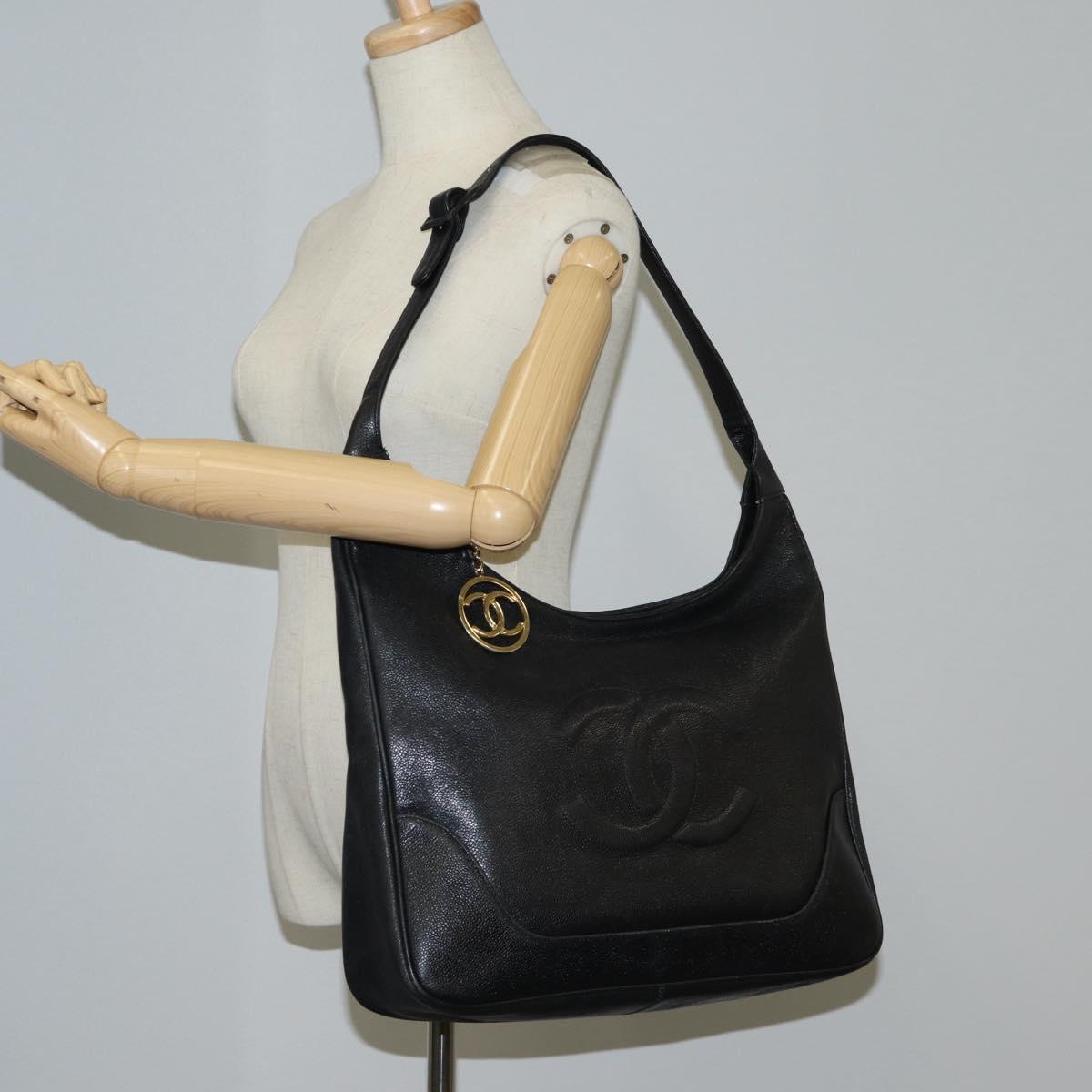 CHANEL COCO Mark Shoulder Bag Caviar Skin Black Gold CC Auth 121888