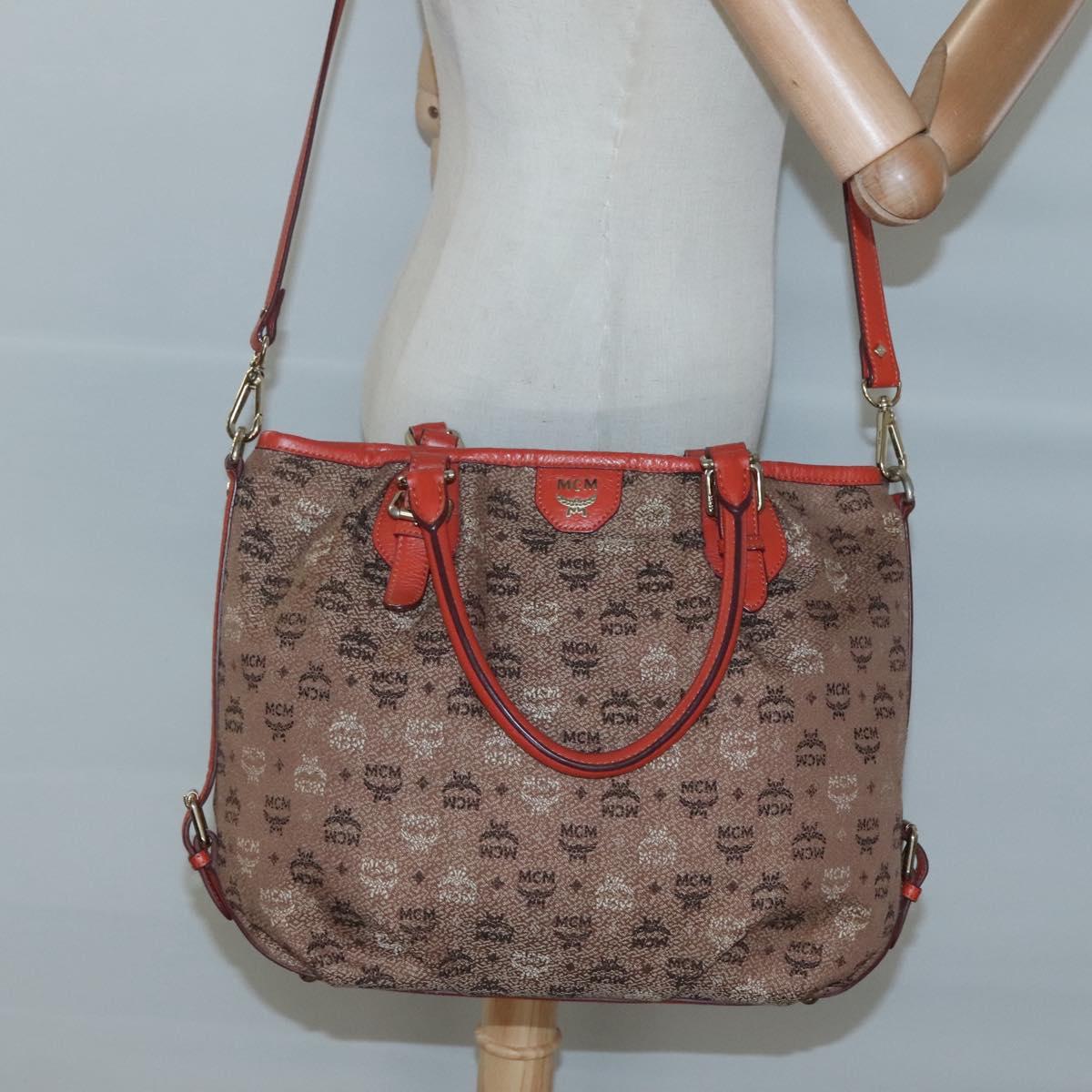 MCM Logogram Vicetos Tote Bag Canvas 2way Brown Gold Auth 121967