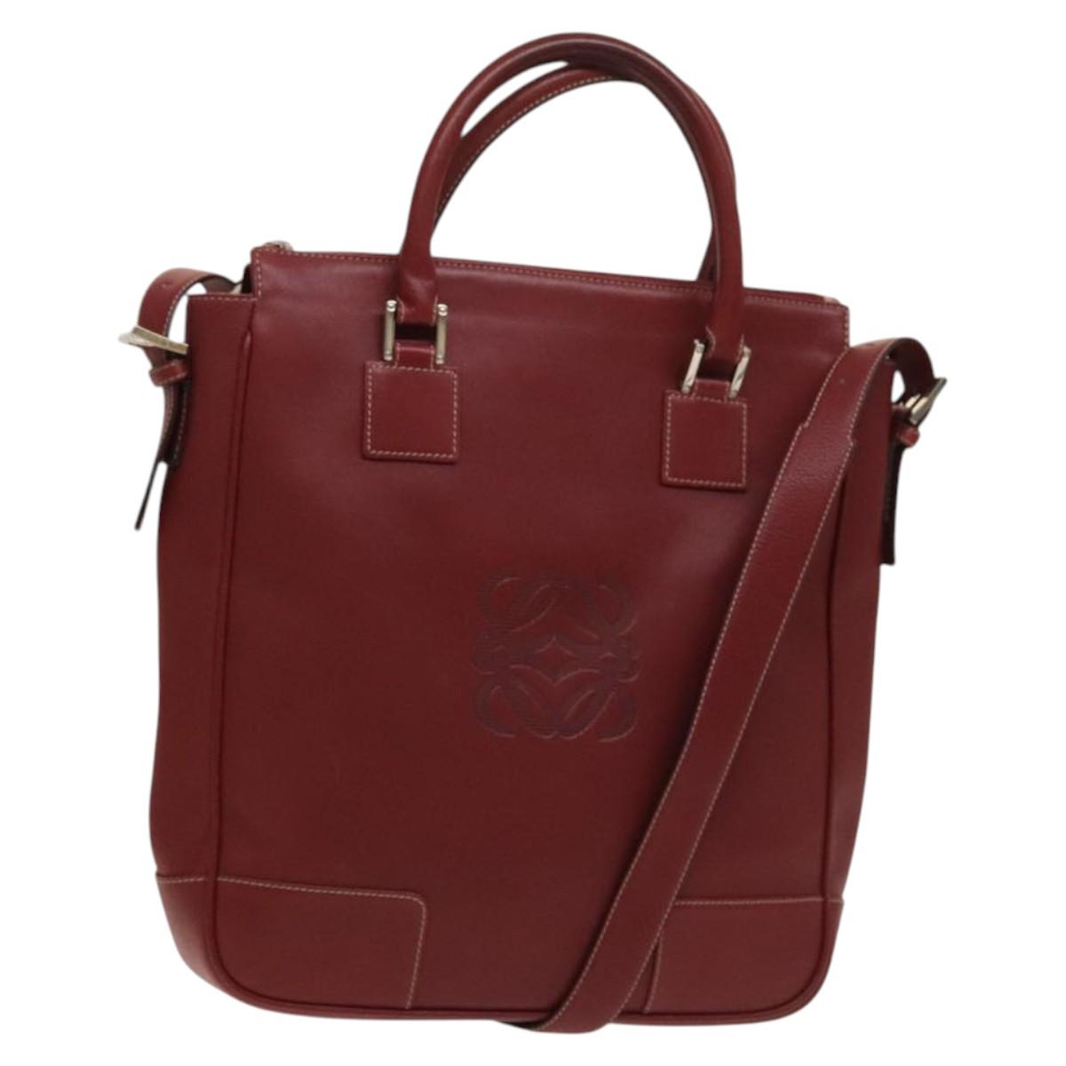 LOEWE Anagram Hand Bag Leather 2way Red Silver Auth 121972