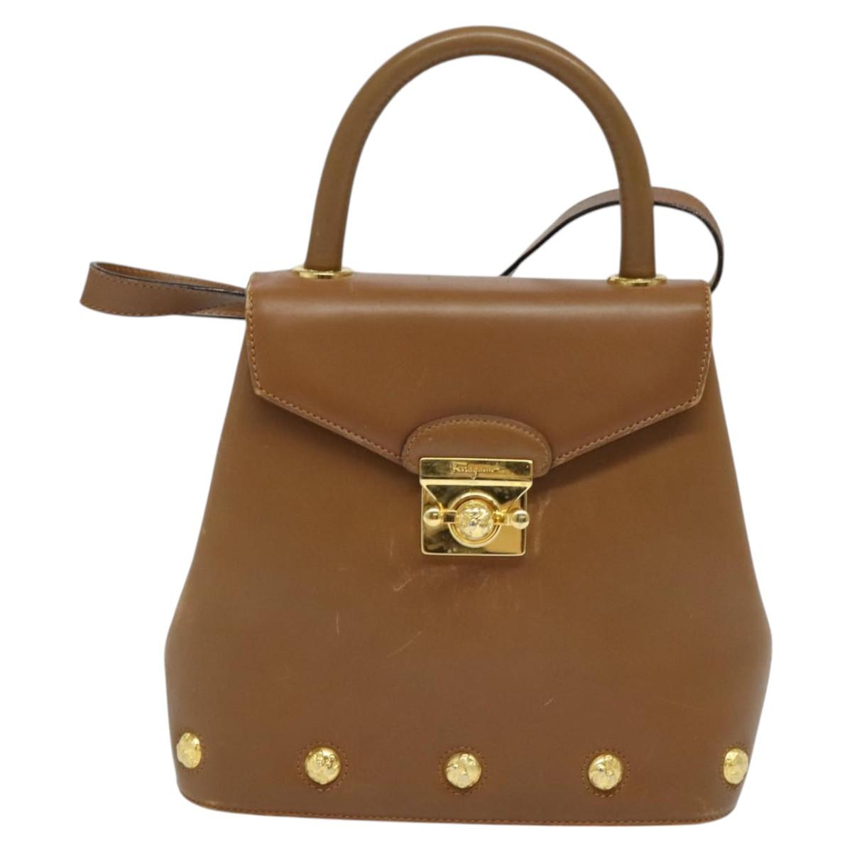 Salvatore Ferragamo Hand Bag Leather 2way Brown Gold Auth 121973