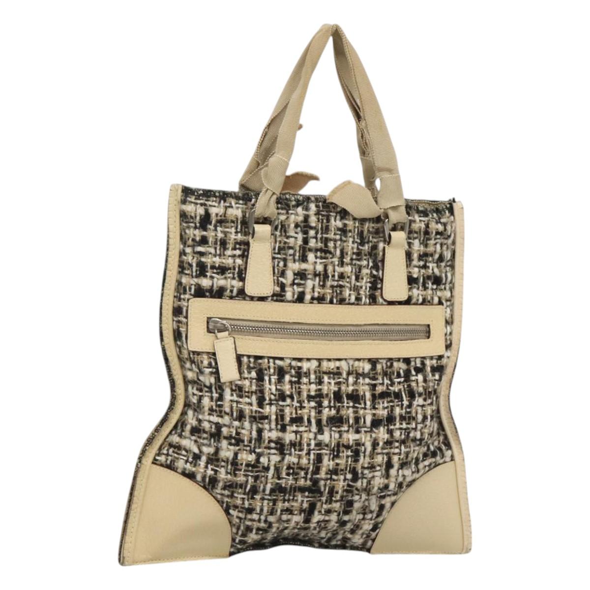 PRADA Hand Bag Tweed Leather Beige Auth 121997