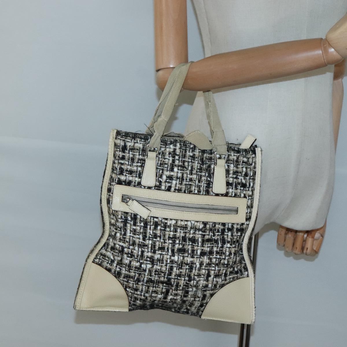 PRADA Hand Bag Tweed Leather Beige Auth 121997