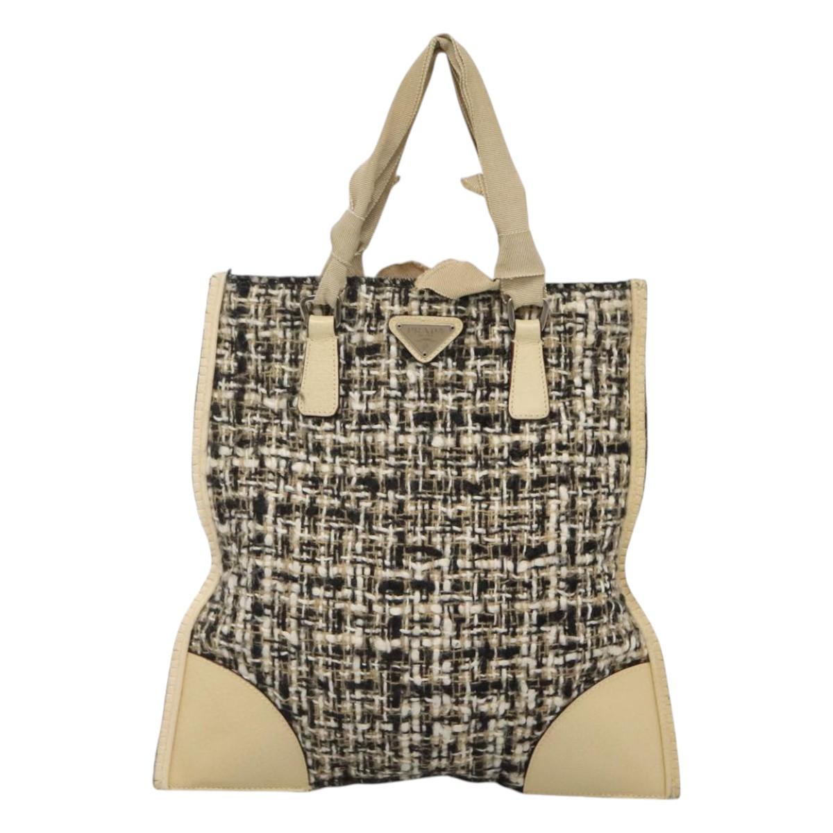 PRADA Hand Bag Tweed Leather Beige Auth 121997