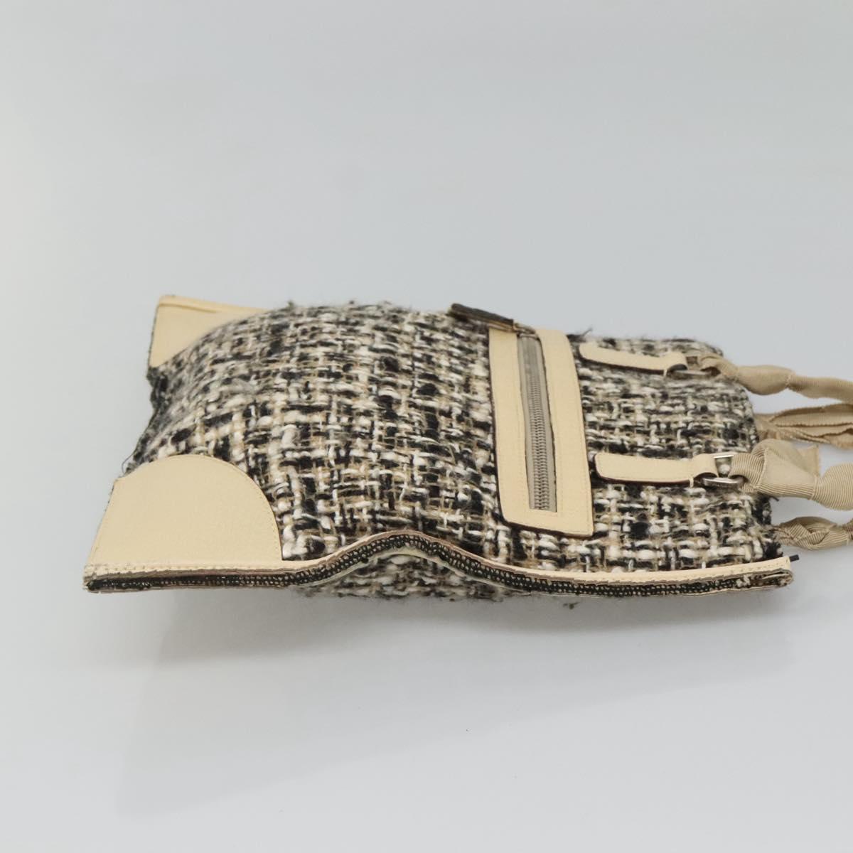 PRADA Hand Bag Tweed Leather Beige Auth 121997