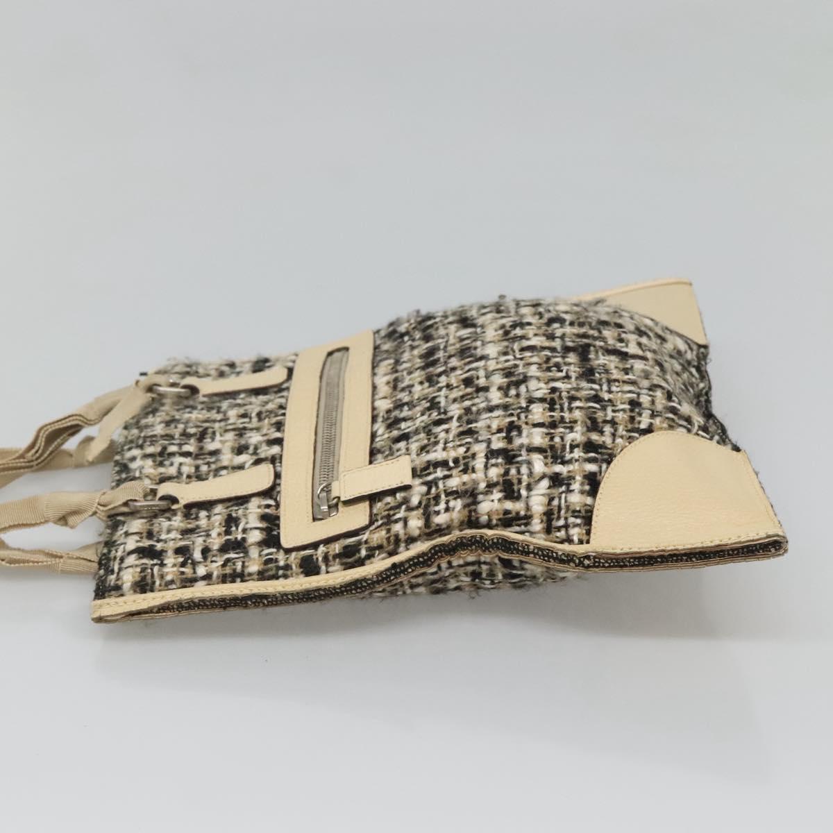 PRADA Hand Bag Tweed Leather Beige Auth 121997