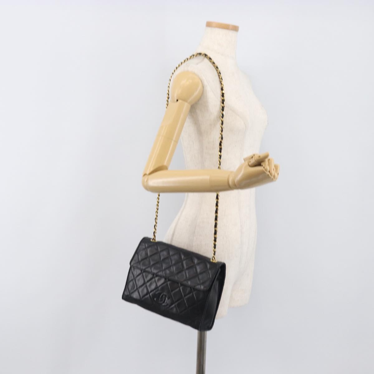 CHANEL Matelasse COCO Mark Chain Bag Lamb Skin Black Gold CC Auth 122001